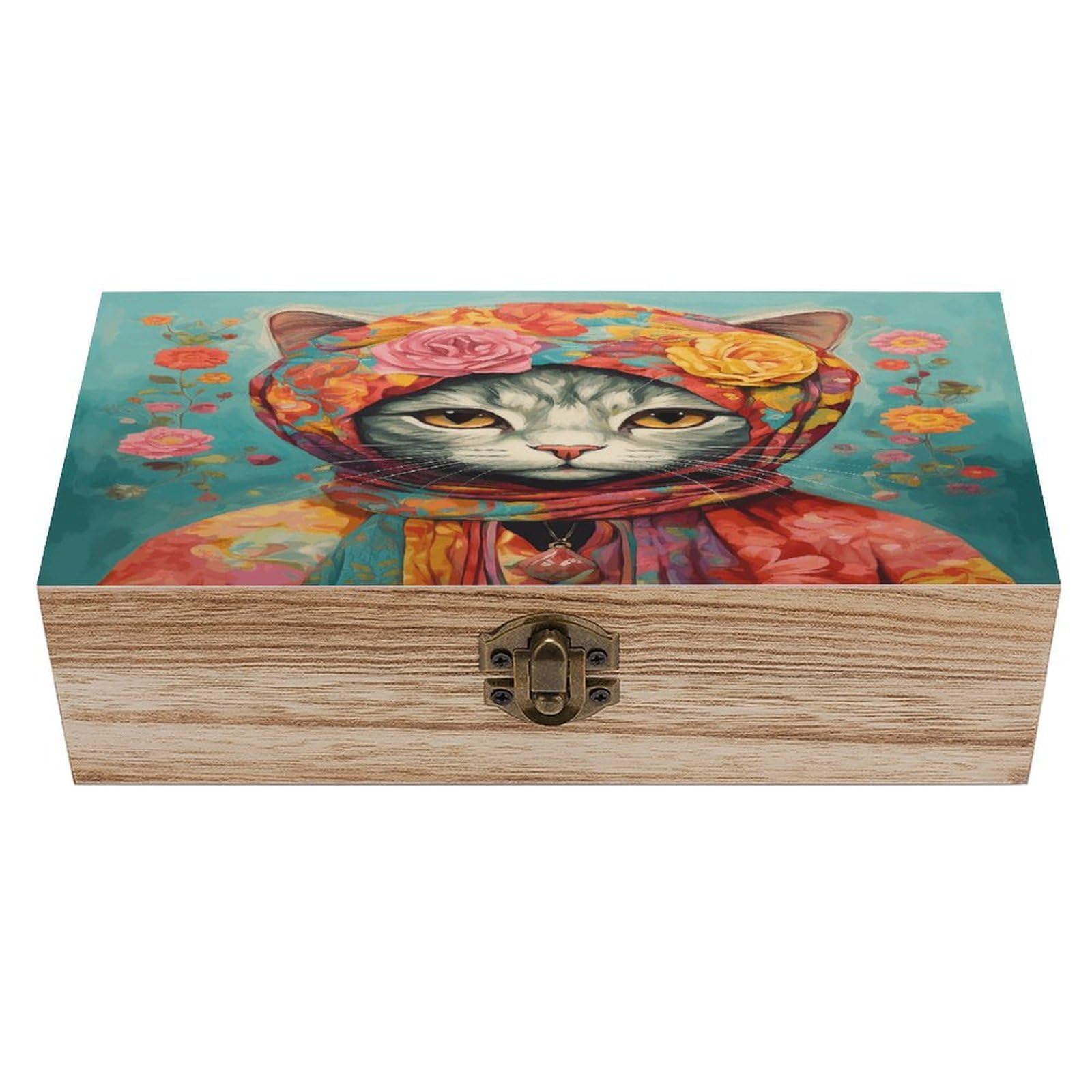 Btcowzrv Style Hand Drawn Cat Wooden Storage Box, Keepsake Box With Hinged And Retro Lock, Wood Jewelry Organizer For Photos & Mementos And Home Decor