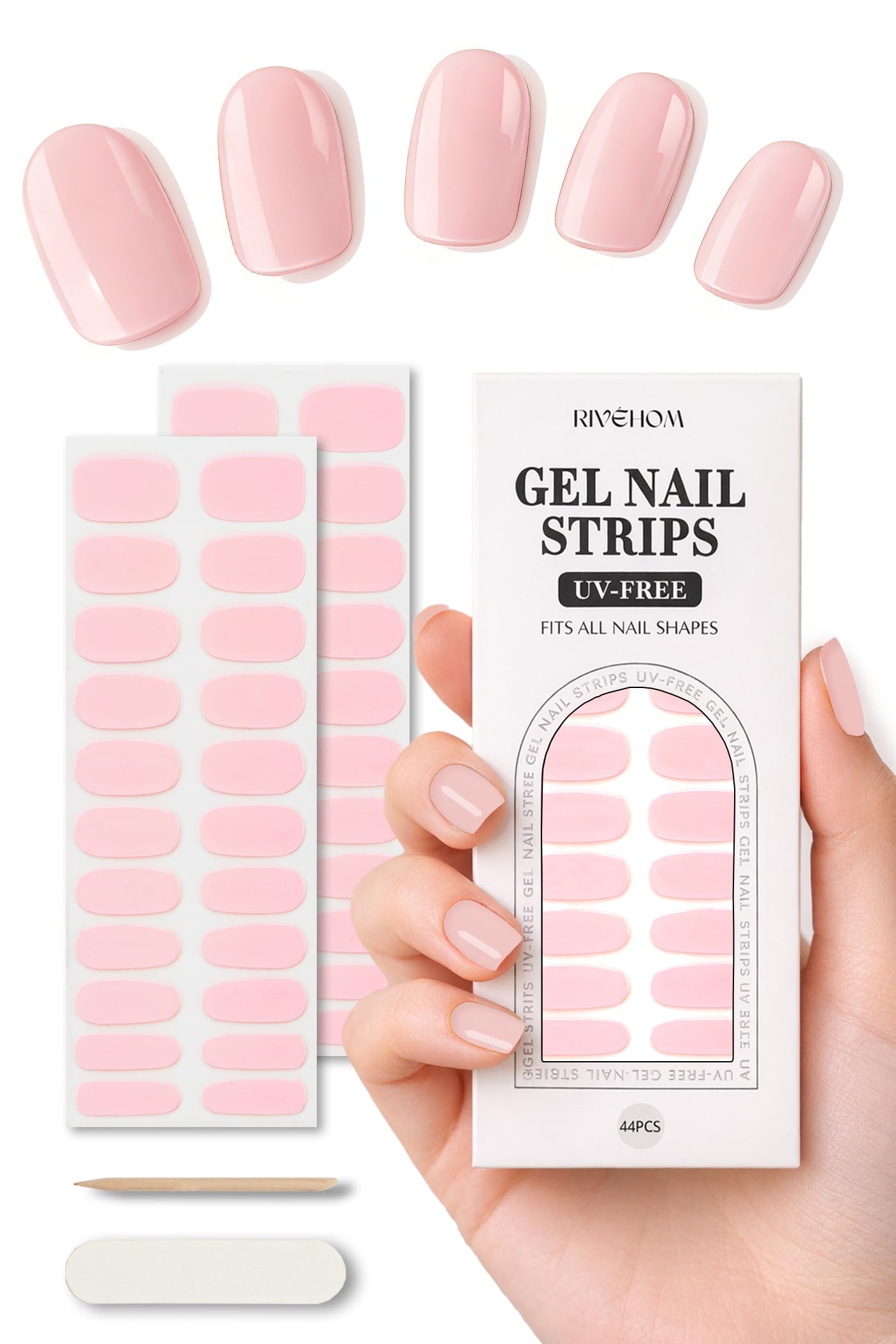 Gel Nail Strips 44Pcs, No UV/LED Lamps Needed, Pre-Cured Nail Stickers for Women Salon Quality, Polish Wraps Long Lasting, Easy Apply & Remove (Cream Pink)