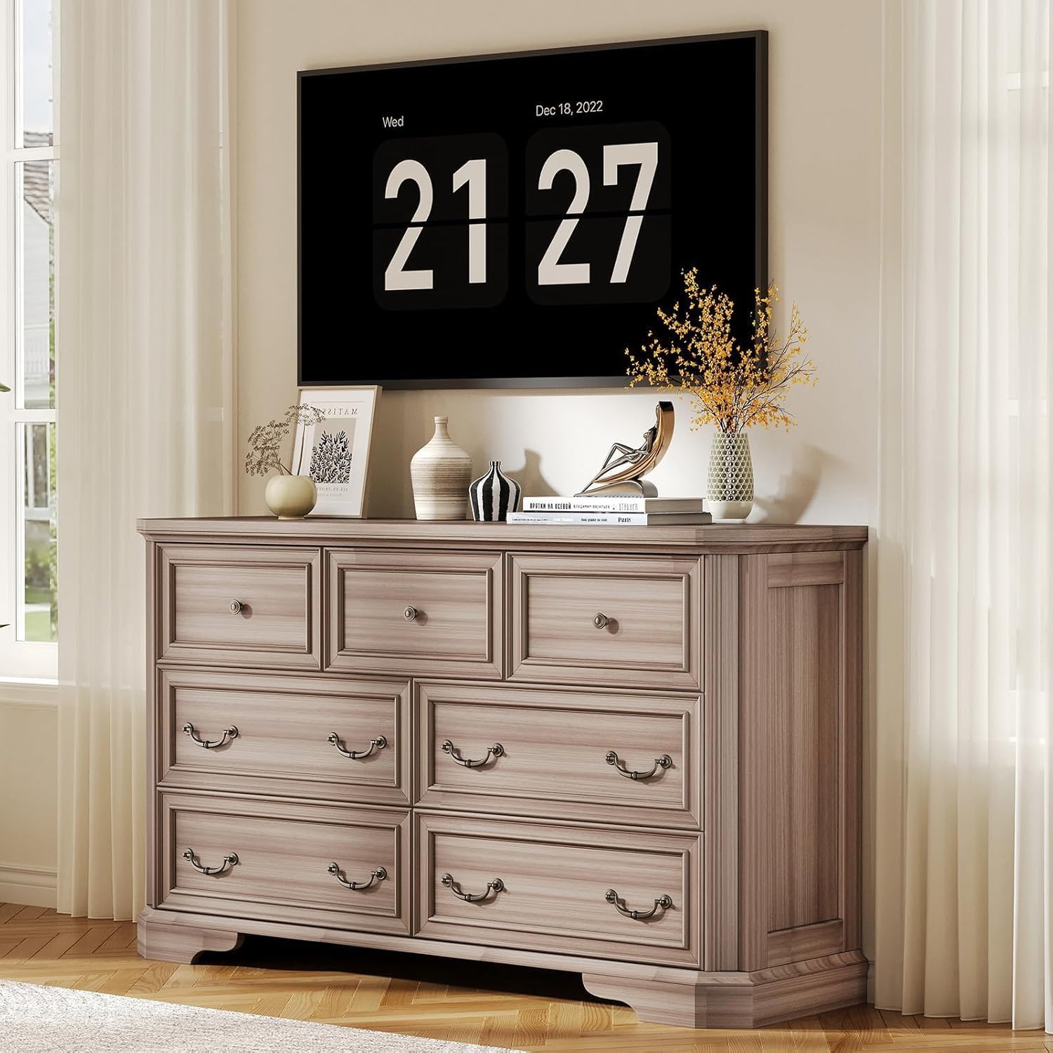 LUXOAK Farmhouse Bedroom Dresser Set of 2, 54" Wide 7-Drawer Chest & 48" Tall 5-Drawer Dresser, Natural Wood Grain with Vintage Handles, Storage Dressers for Bedroom, Grey Walnut