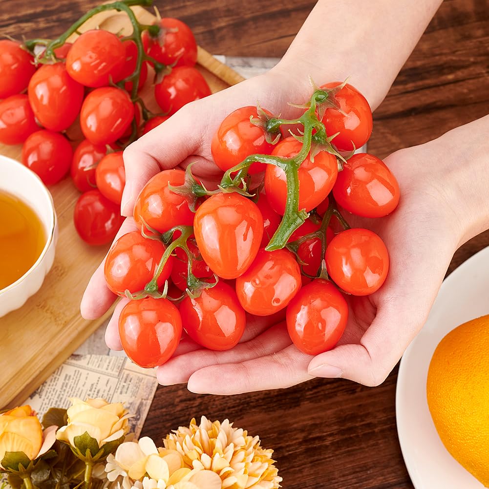 PH PandaHall Paquete de 2 tomates cherry artificiales, frutas artificiales, tomate rojo artificial, decoración de tomates rojos artificiales, accesorios de frutas artificiales para el hogar, gabinete
