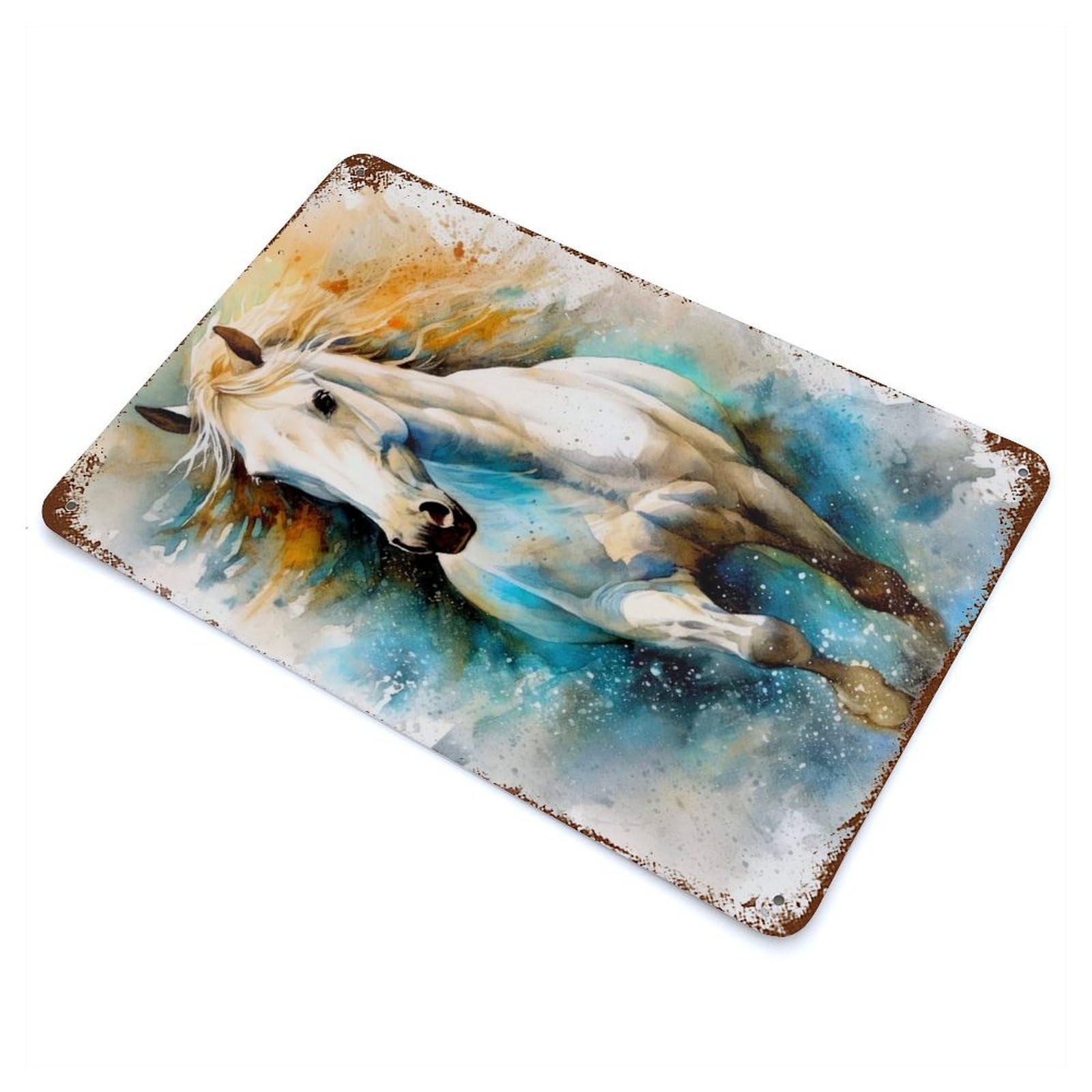 Horse Watercolor Art Rusty Metal Tin Sign 11.8"x7.9", Rustic Home Decor for Living Room, Hallway And Home Decor