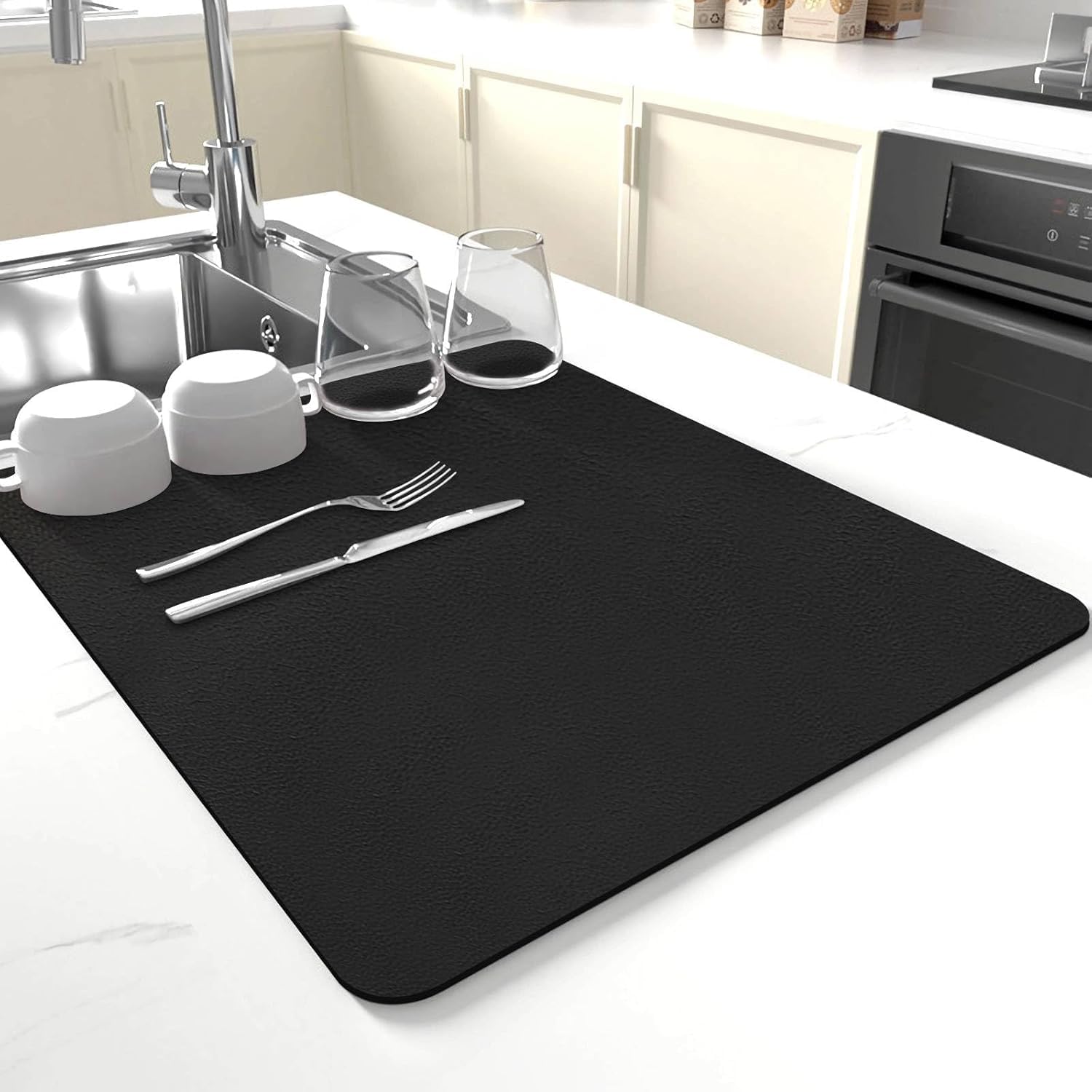 Dish Drying Mat for Kitchen Counter 60 x 40 cm Black | Super Absorbent Water Absorbing Kitchen Drying Mat | Non Slip Rubber Backing Quick Dry Mat for Wet Utensils & Dish Rack