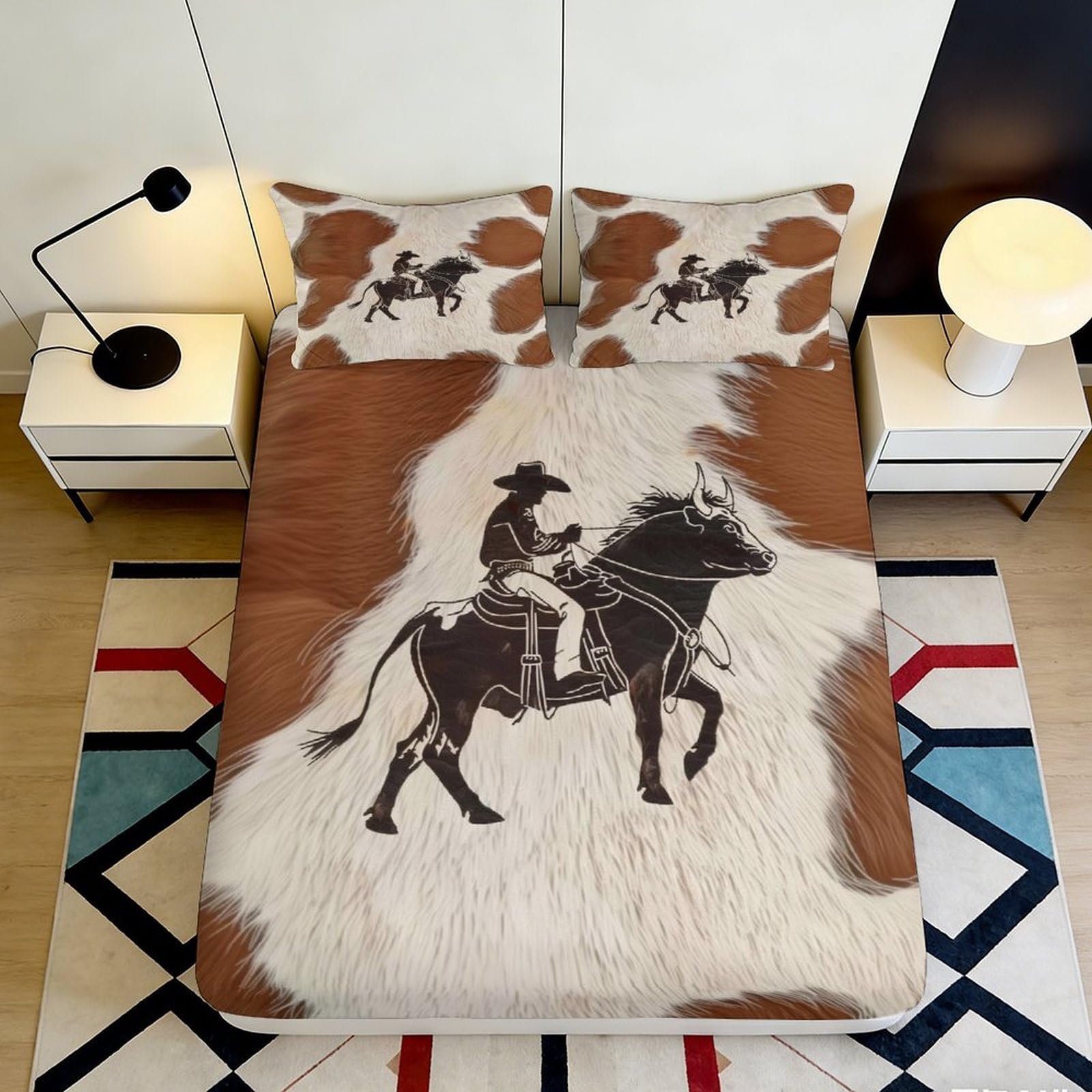 Uynsixtme Style-2 3D Printed Cowhide Cowboy Fitted Sheet Microfiber Deep Pocket Non-Slip Bedroom Bedding Western Mattress Fitted Cover For Adult Teen 140X200x25cm
