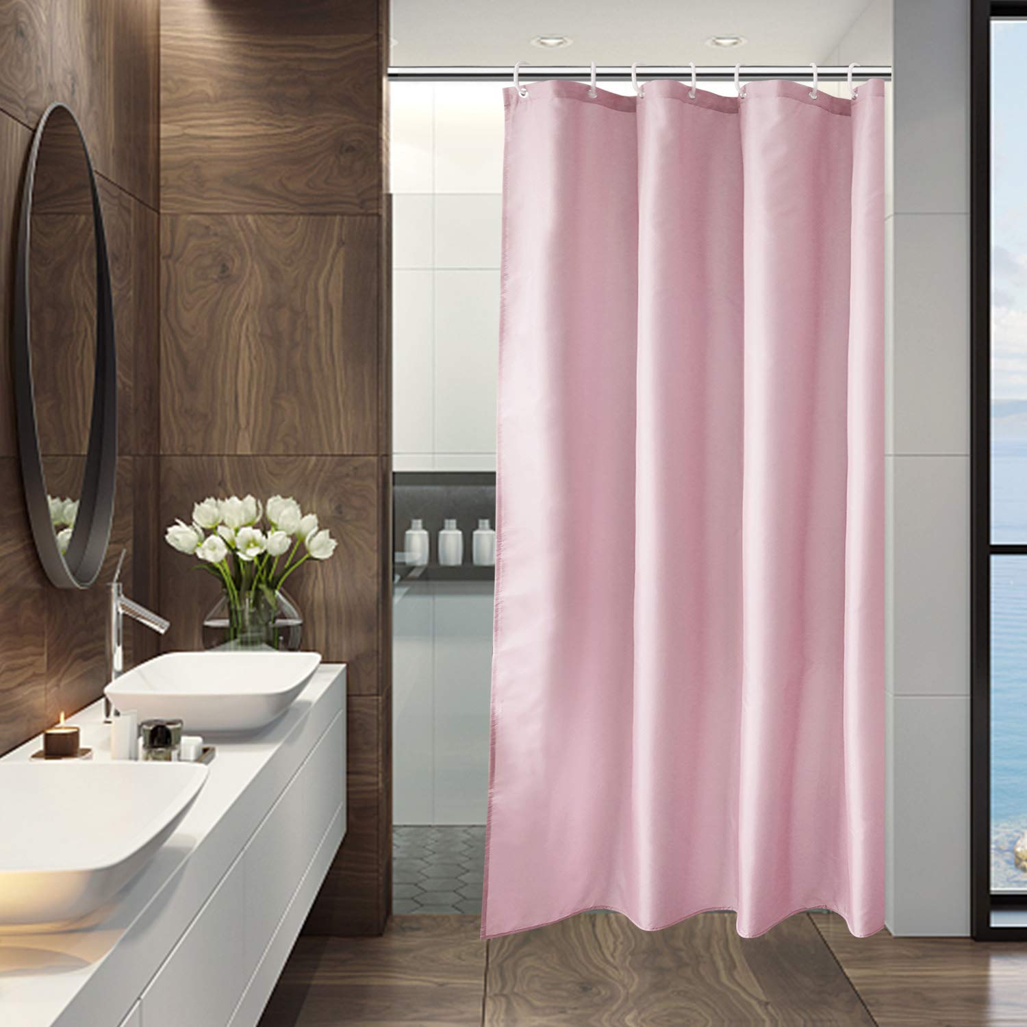 AooHomeAooHome 36x72 inch Stall Shower Curtain Liner, Polyester Classic Solid Color Shower Curtain with Hooks, Weighted Hem, Waterproof, Pink