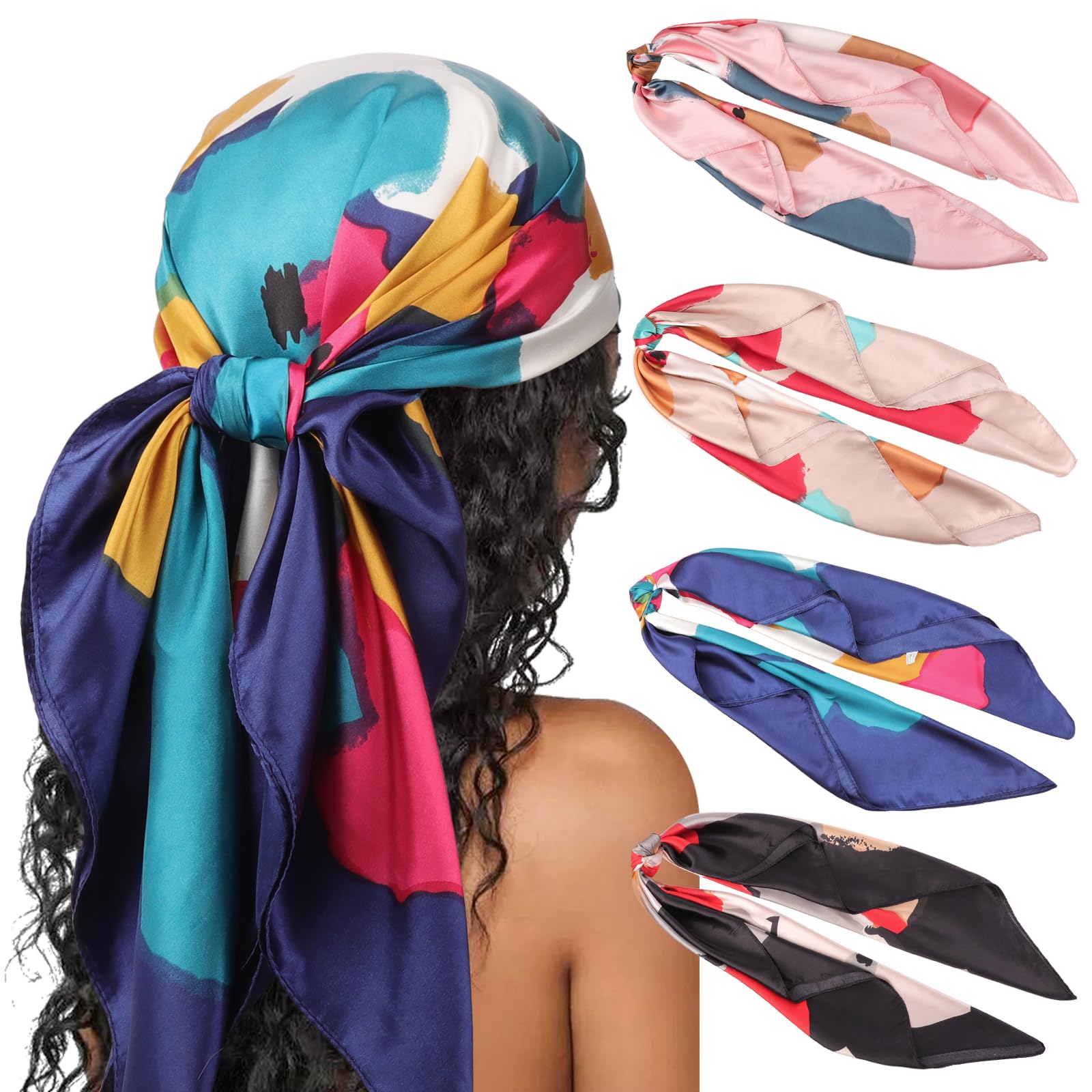 DRESHOW 35” Large Square Satin Head Scarf - 4Pcs Silk Accessories Classic Patterned Squares Beach Bandanas for Women