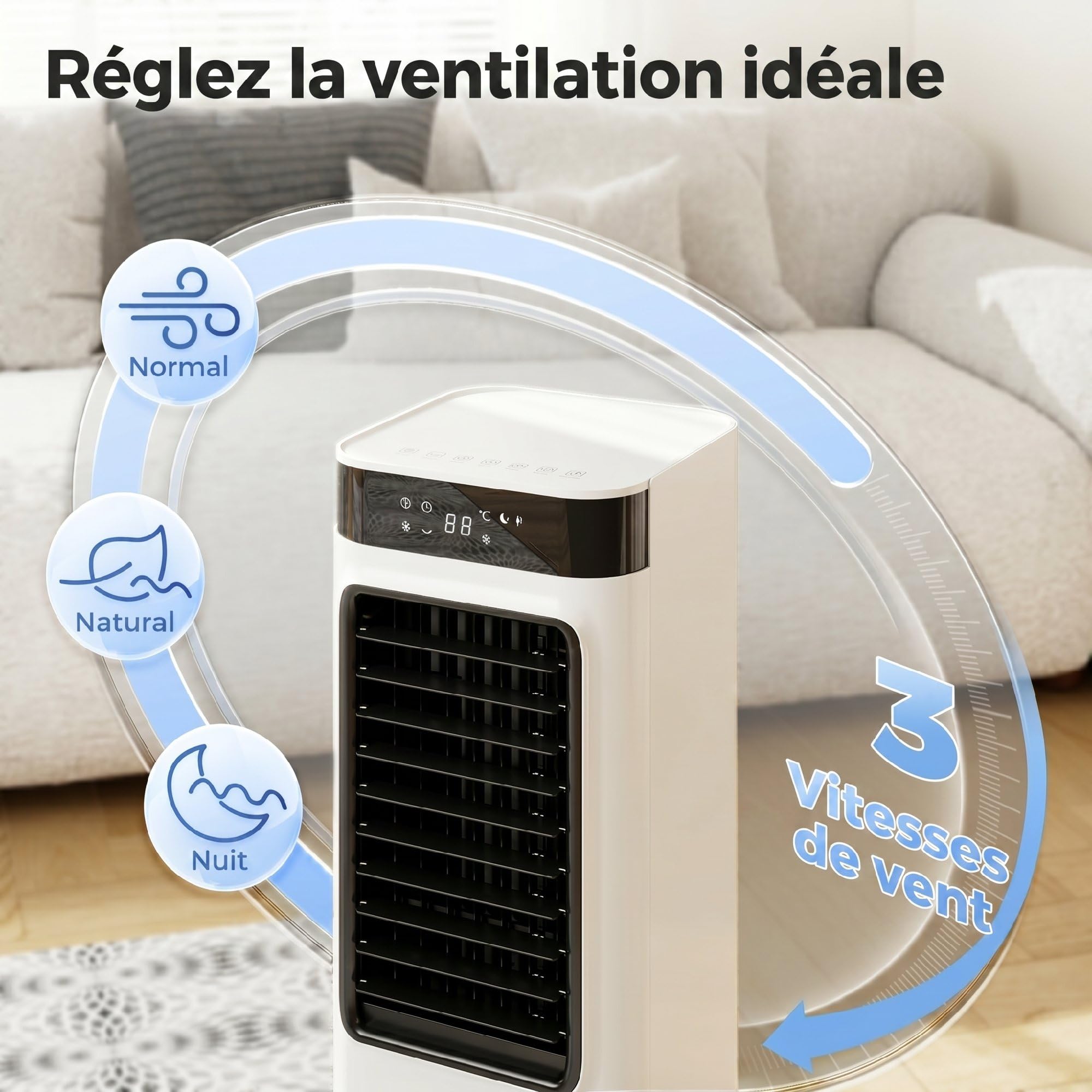 HOMCOM Refroidisseur d'air portable 3 en 1 refroidisseur humidificateur et ventilateur, oscillation 48°, 3 vitesses 3 modes, réservoir d'eau 7L, blocs de glace, télécommande, panneau tactile, blanc