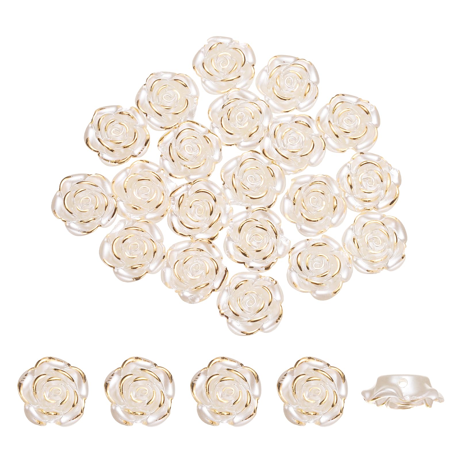 sourcing map 50Pcs Rose Flower Buttons, Flower Button ABS Flat Back Sewing Buttons for Bracelet Clothes Hair Clip Phone Charm Wedding Decor DIY Crafts(18mm, White/Gold)