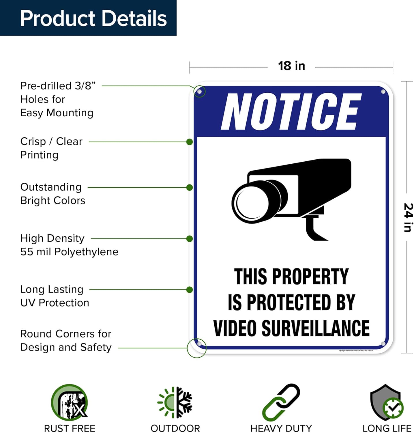 Notice This Property is Protected by Video Surveillance Sign18"x24" Polyethylene, Indoor/Outdoor Use, USA MADE By My Sign Center