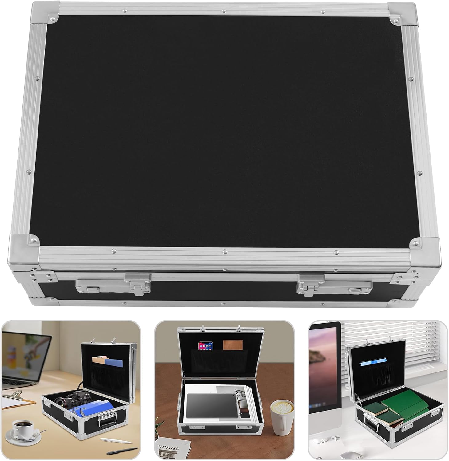 Black Aluminum Attache Case, Combination Lock Briefcase 18.35 * 13.23 * 6.46in Hard Carrying Case for Instruments Tools, Ripple Foam Padded & Metal-Wrapped Corners