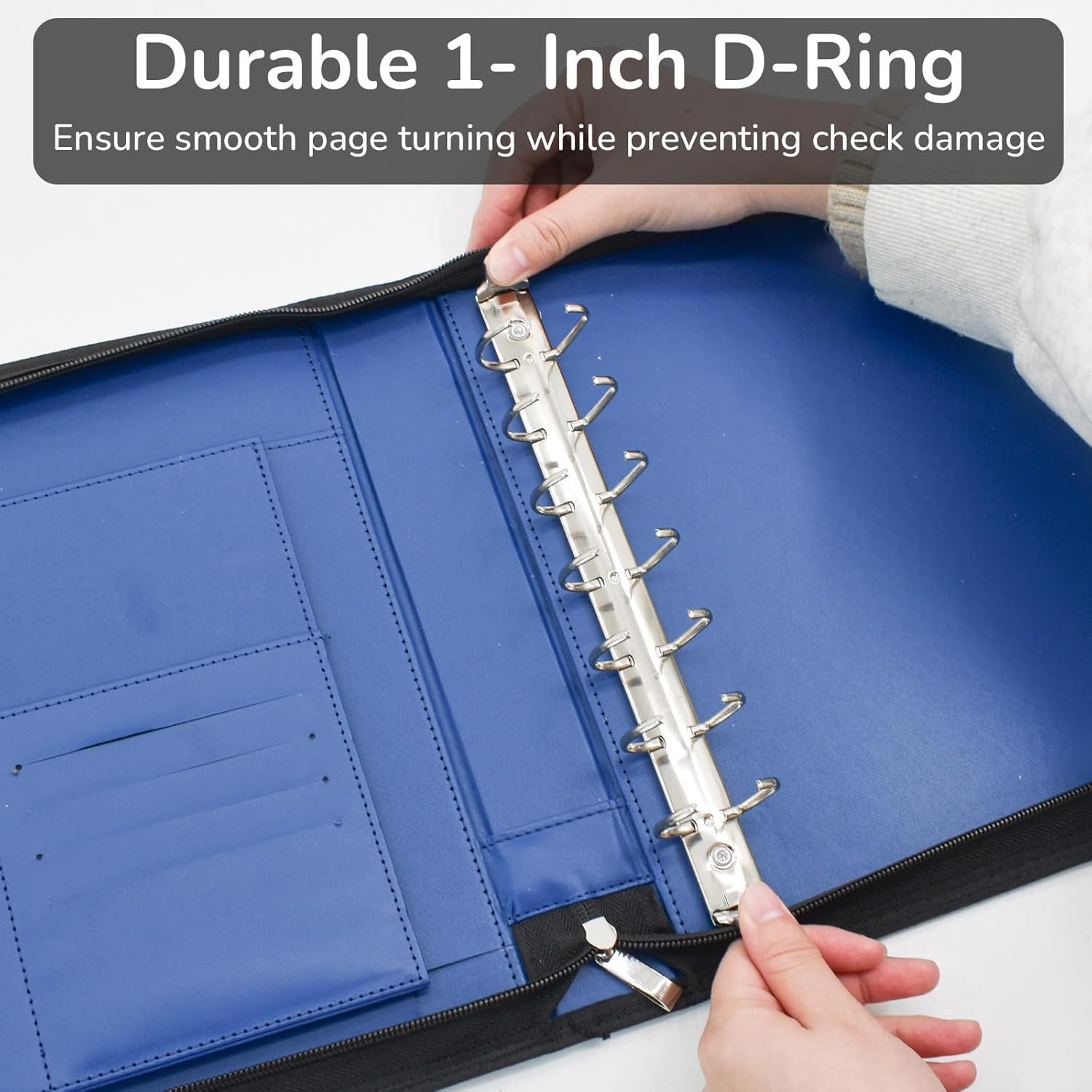 VANRA 7 Ring Business Checkbook Binder with Zipper, PU Leather Organizer for 3-On-A-Page Business Checks, 600 Checks Capacity Fits 9x13 Inch Sheets, Check Book Binder for Personal Finances (Blue)