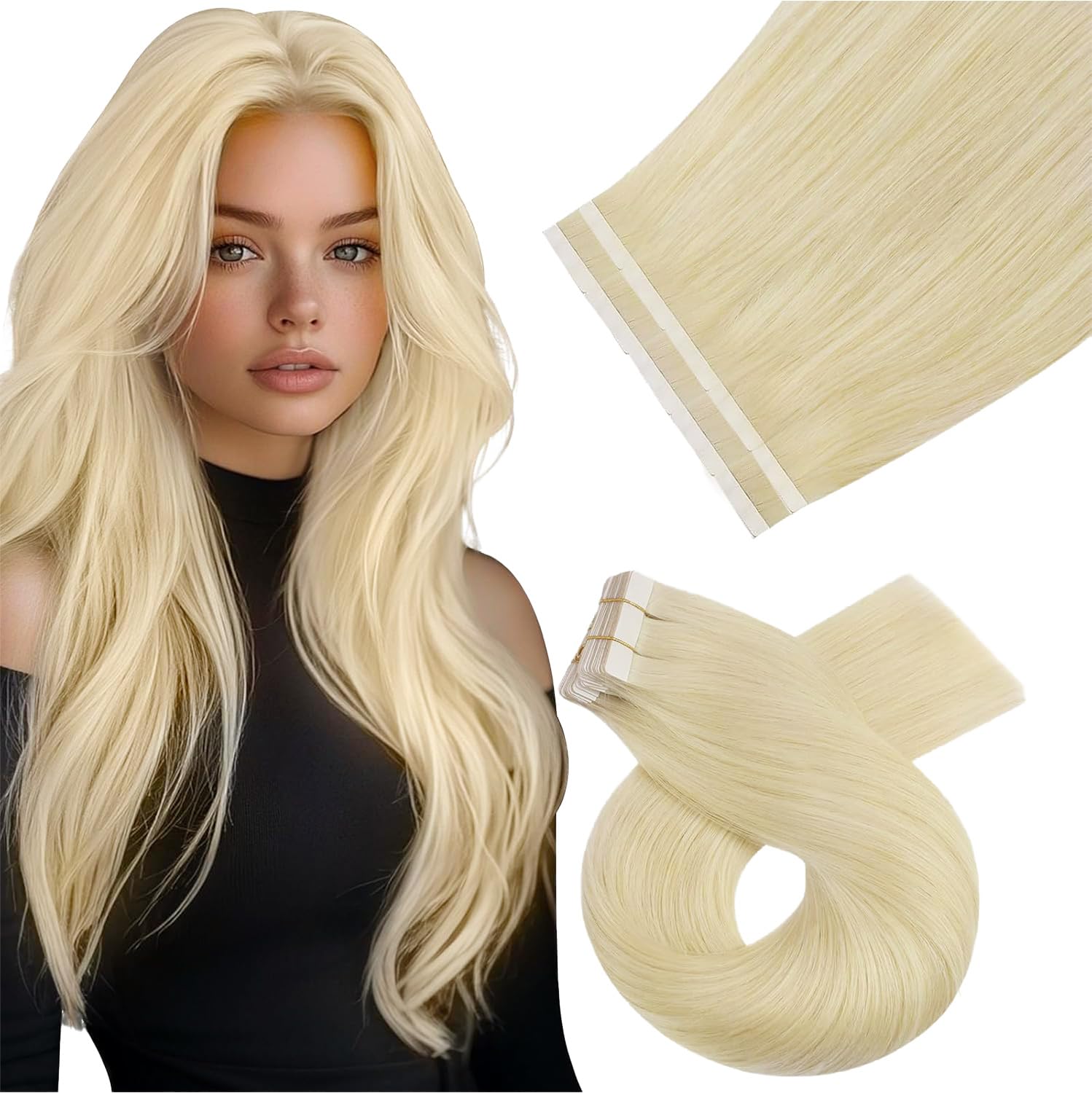 Moresoo Pasemka doczepiane z prawdziwymi włosami Remy, blond z pasemkami, 60 cm, przedłużające włosy, pasemka z prawdziwymi włosami, platynowy blond, gładkie, 10 sztuk, 25 gramów #60