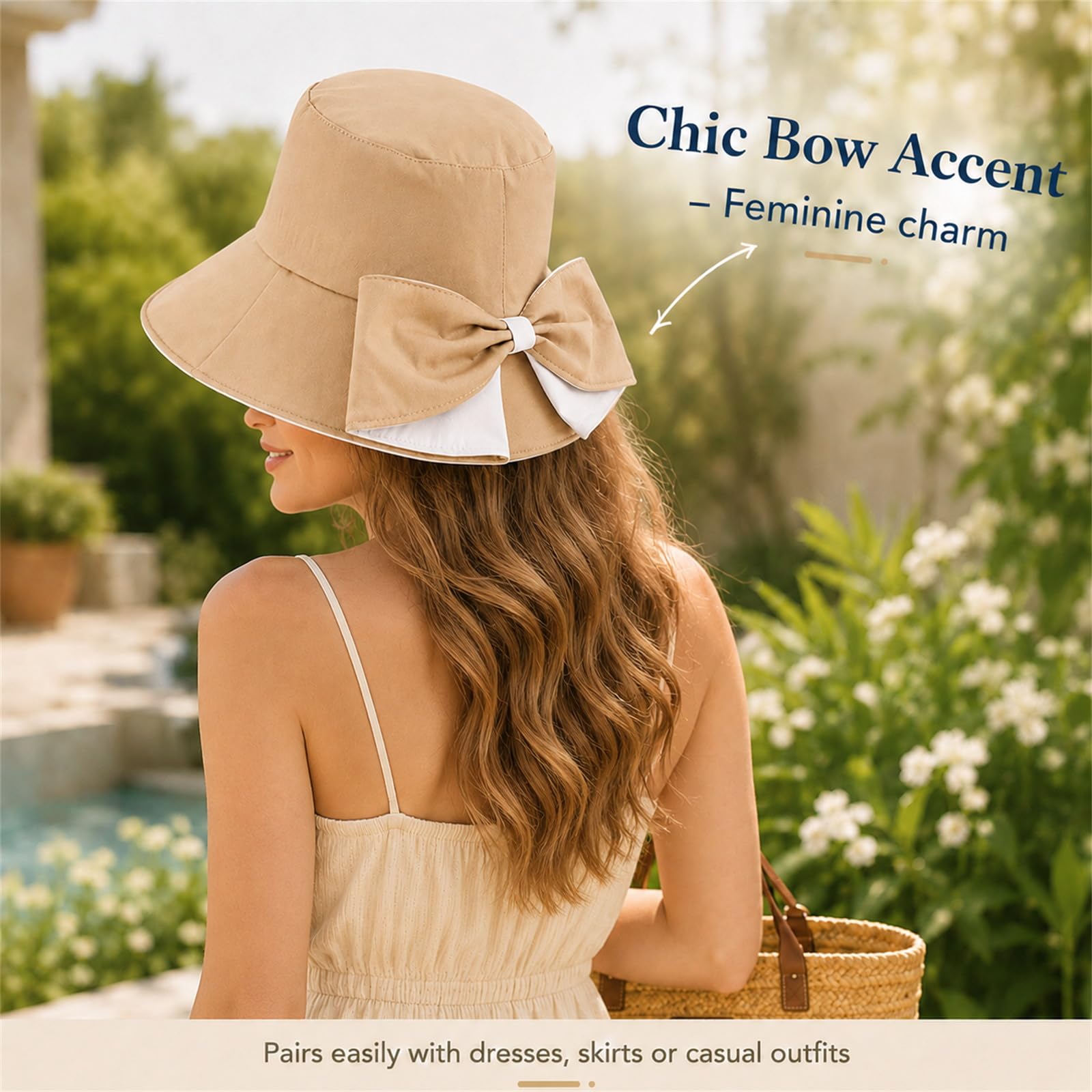 Genérico Women's Bowknot Wide Brim Sun Protective Hat, Sun Hat with Bow, Foldable Summer Hat for Women, Breathable Outdoor Vacation Hats