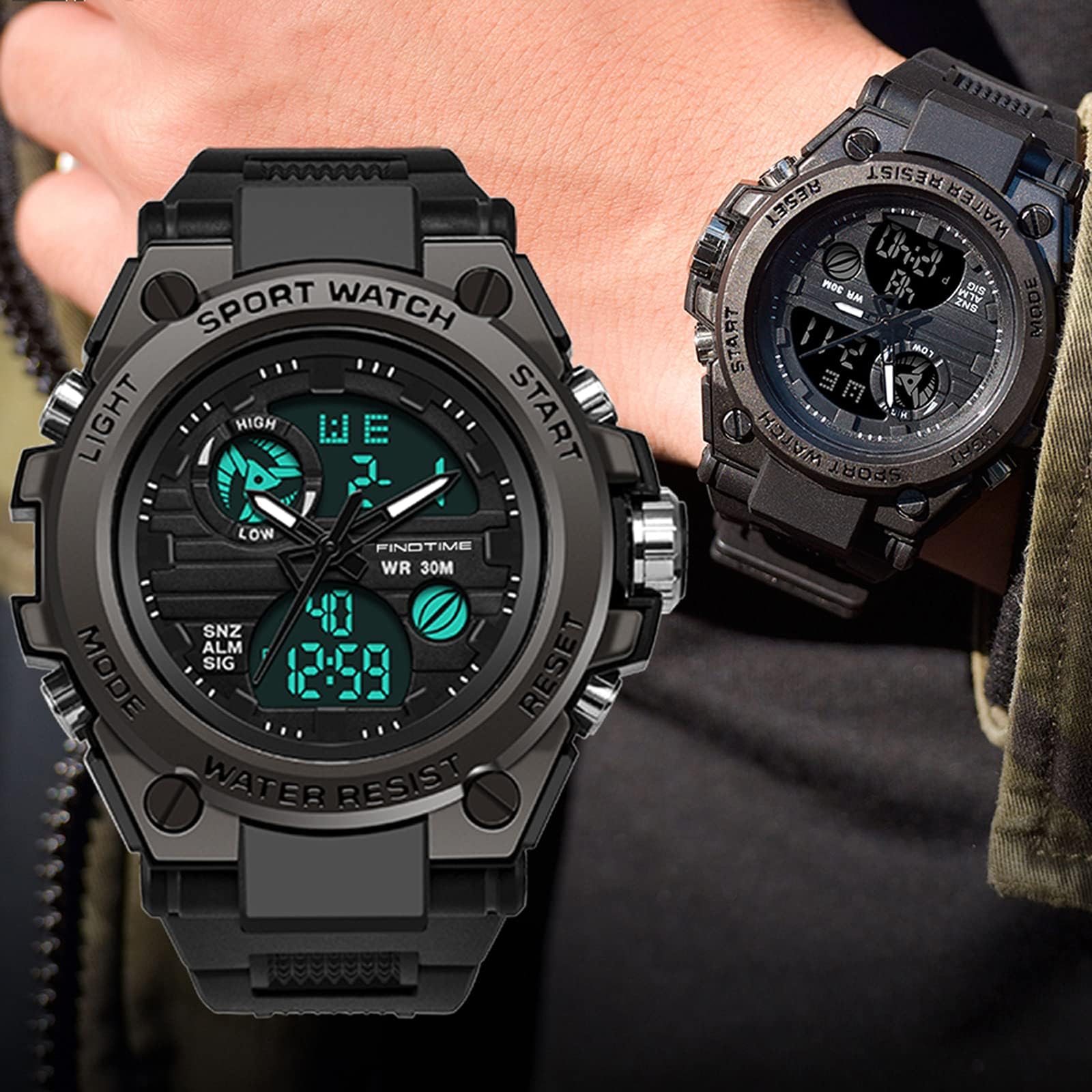 Orologio militare tattico sportivo da uomo, cronometro, quadrante grande, sveglia, doppio display ora, retroilluminazione, orologio da polso impermeabile per esterno, Nero , Cinghia