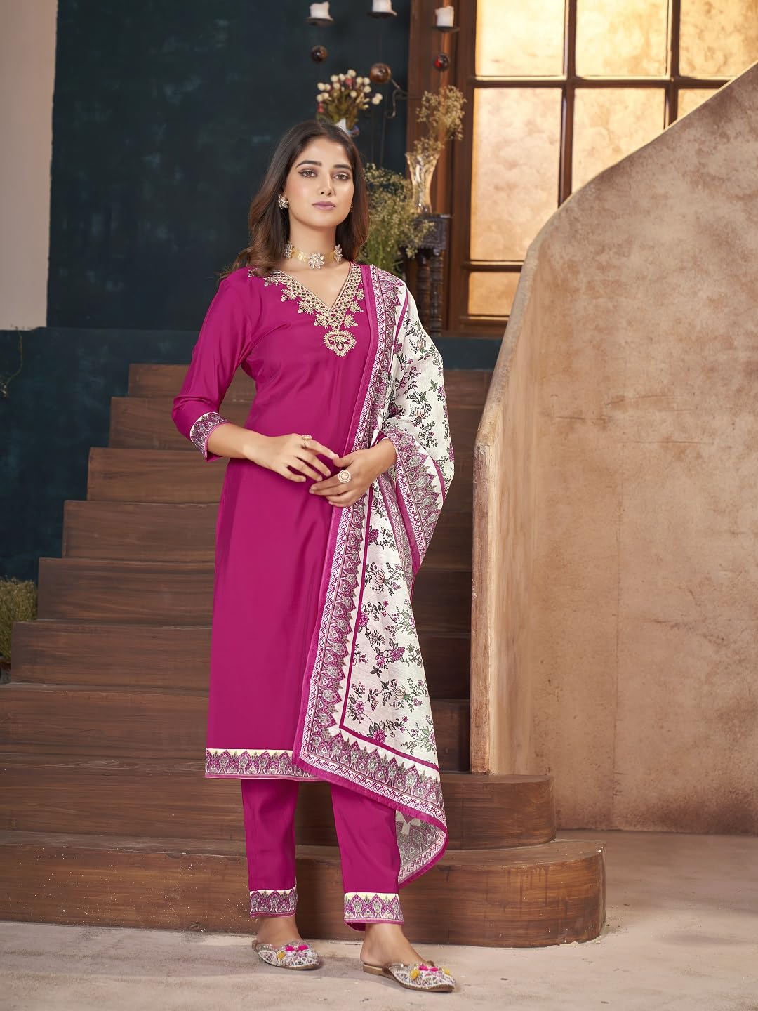 Stylum Women's Magenta Solid & Embroidered Silk Straight Kurta Pant Dupatta Set