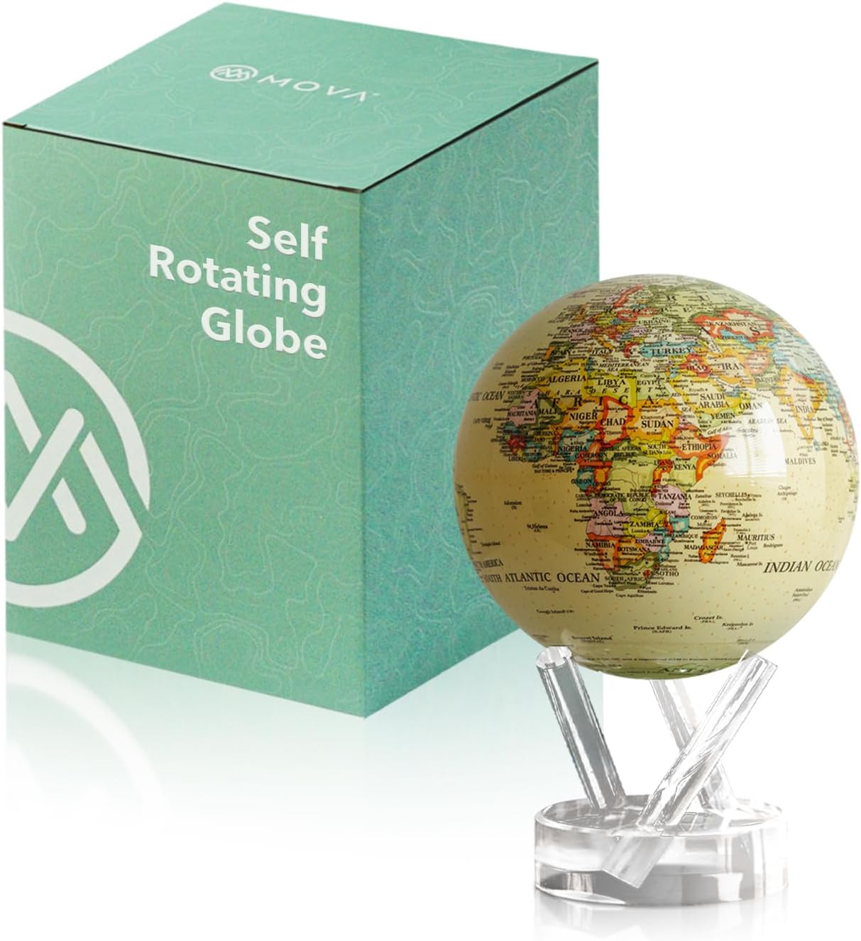 MOVA Globe - Antique Yellow Political Map Prestige (8.5") | Vintage-Style Rotating Globe Powered by Light | No Batteries or Cords | Antique World Map for Home or Office Decor