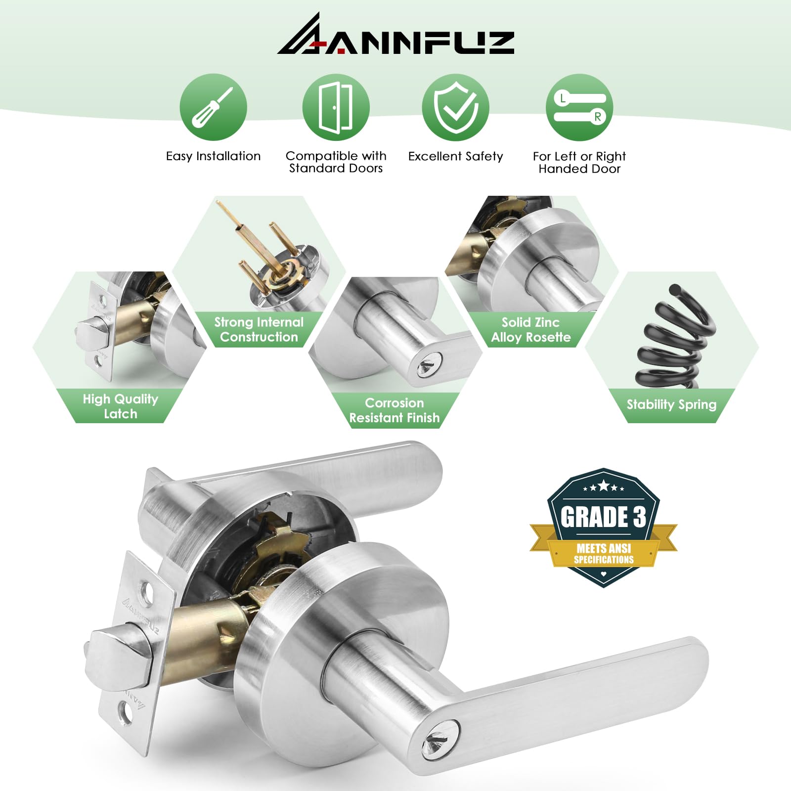 ANNFUZ Entry Door Handle with Lock and Keys,Secure Keyed Round Lever Exterior,Interior,Reversible for Left Right Sided Door Heavy Duty for Front Entrance Door and Bedroom,Bathroom(Brushed Nickel) - Image 4