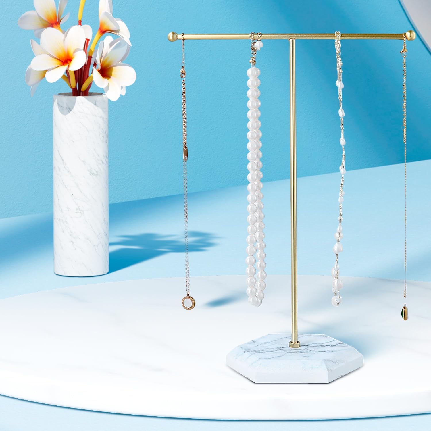 QWORK Jewelry Stand Display Necklace Holder with Electroplated Metal & White Marble Plywood Base - 2 Pack Durable & Stylish Organizer for Stores and Home Use