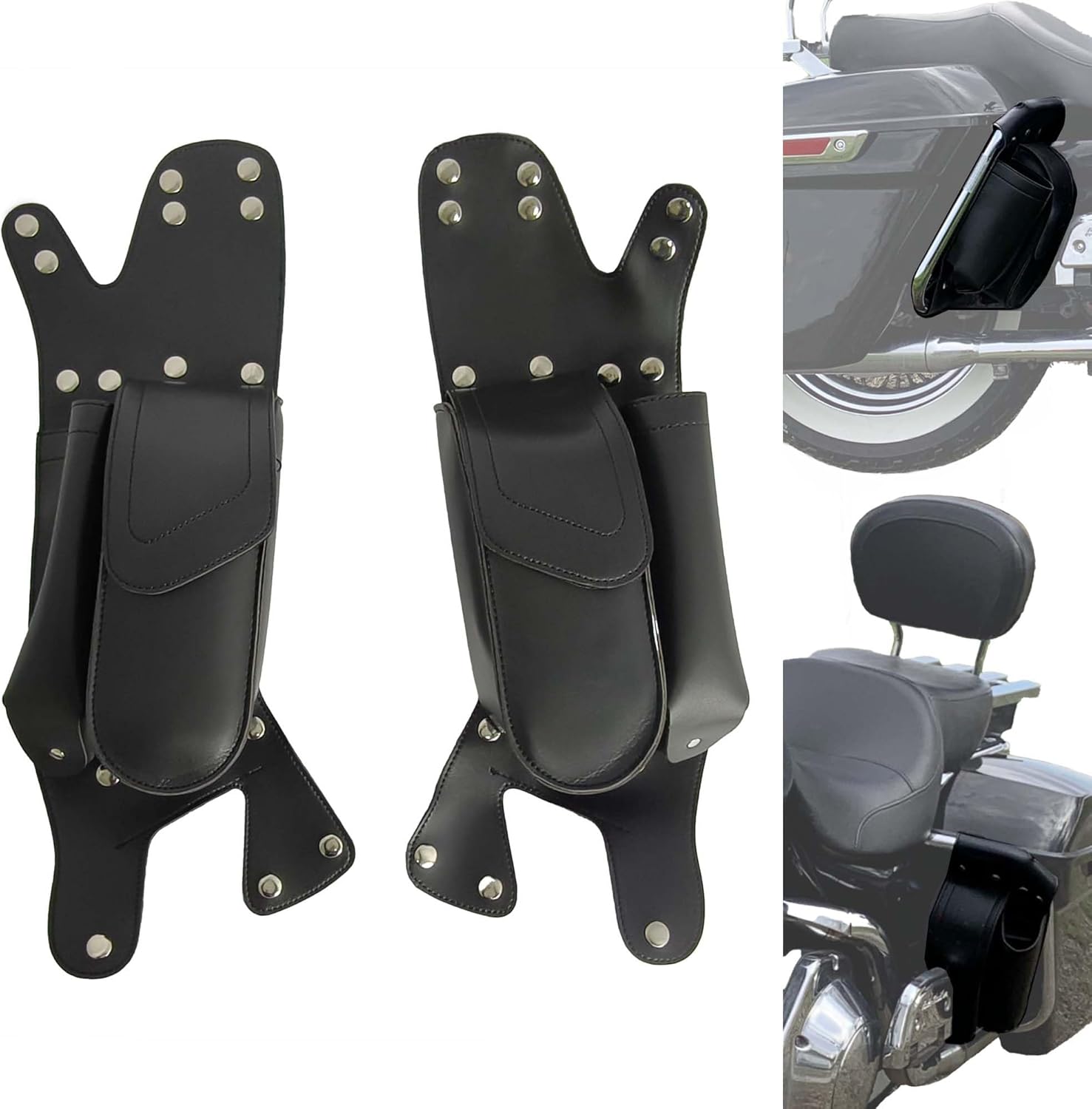 Motorcycle PU Leather Rivet Mini Saddlebag with Water Bottle Holder, Saddlebag Guard Bags with Rivet for Harley Touring Road King, Electra Glide, Street Glide 1993-2024