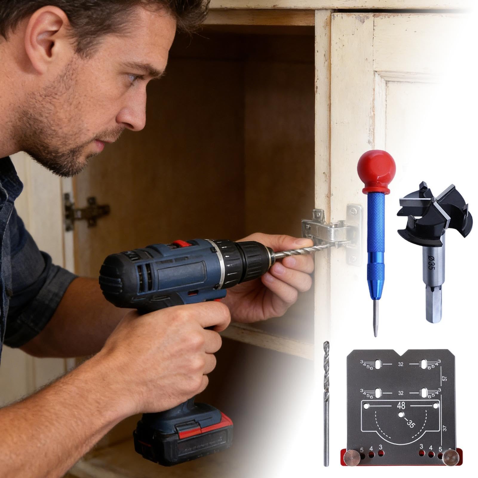 Plantilla de montaje para puerta de gabinete, herramienta posicionadora de alineación de hardware, ayuda de alineación de perforación de bisagras, para construcción, construcción, carpintería, cocina
