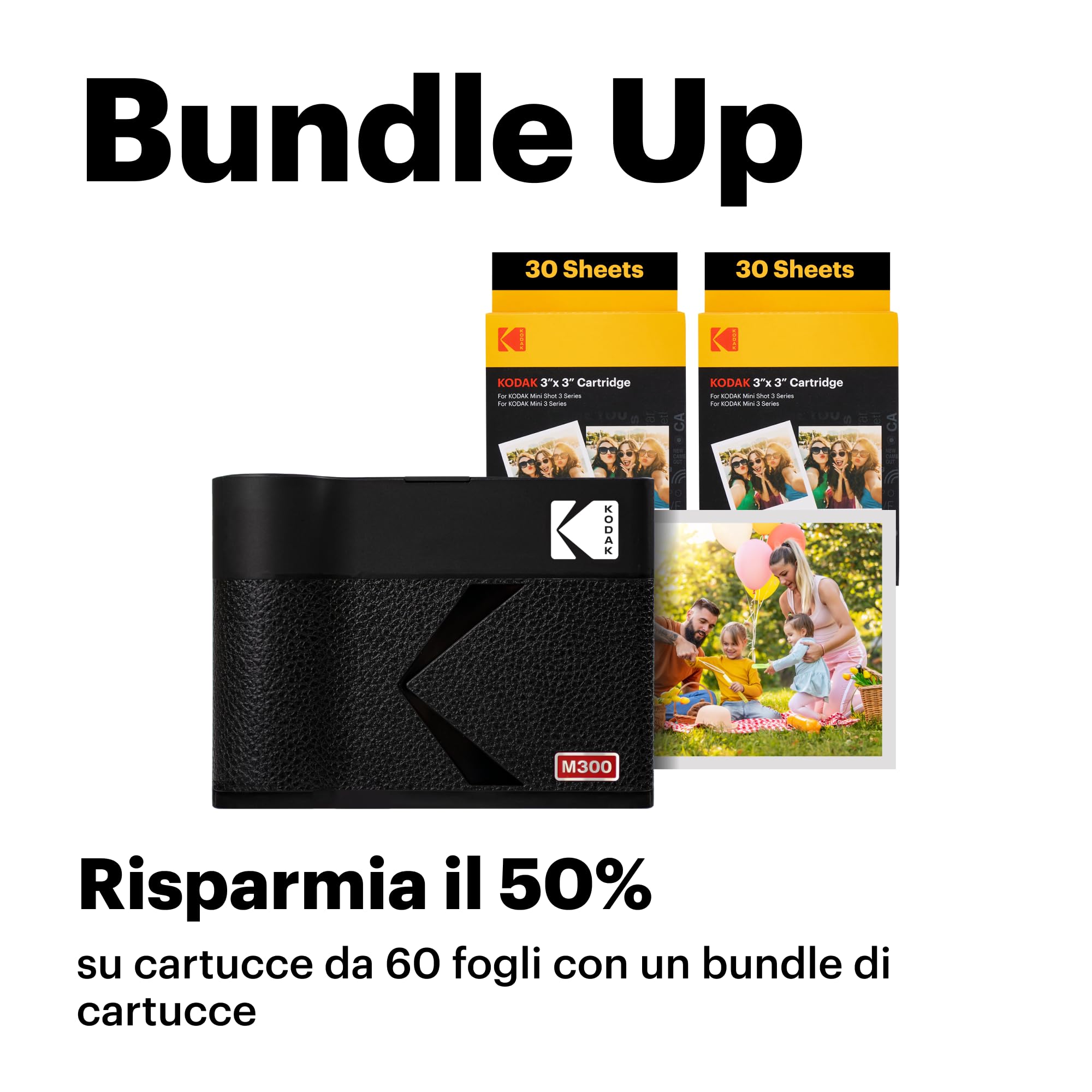 KODAK Mini 3 Era Regalo di Natale 4PASS Stampante Fotografica Portatile (7.6x7.6cm) (Fotografica Portatile + Pacchetto con 60 Fogli, Giallo)