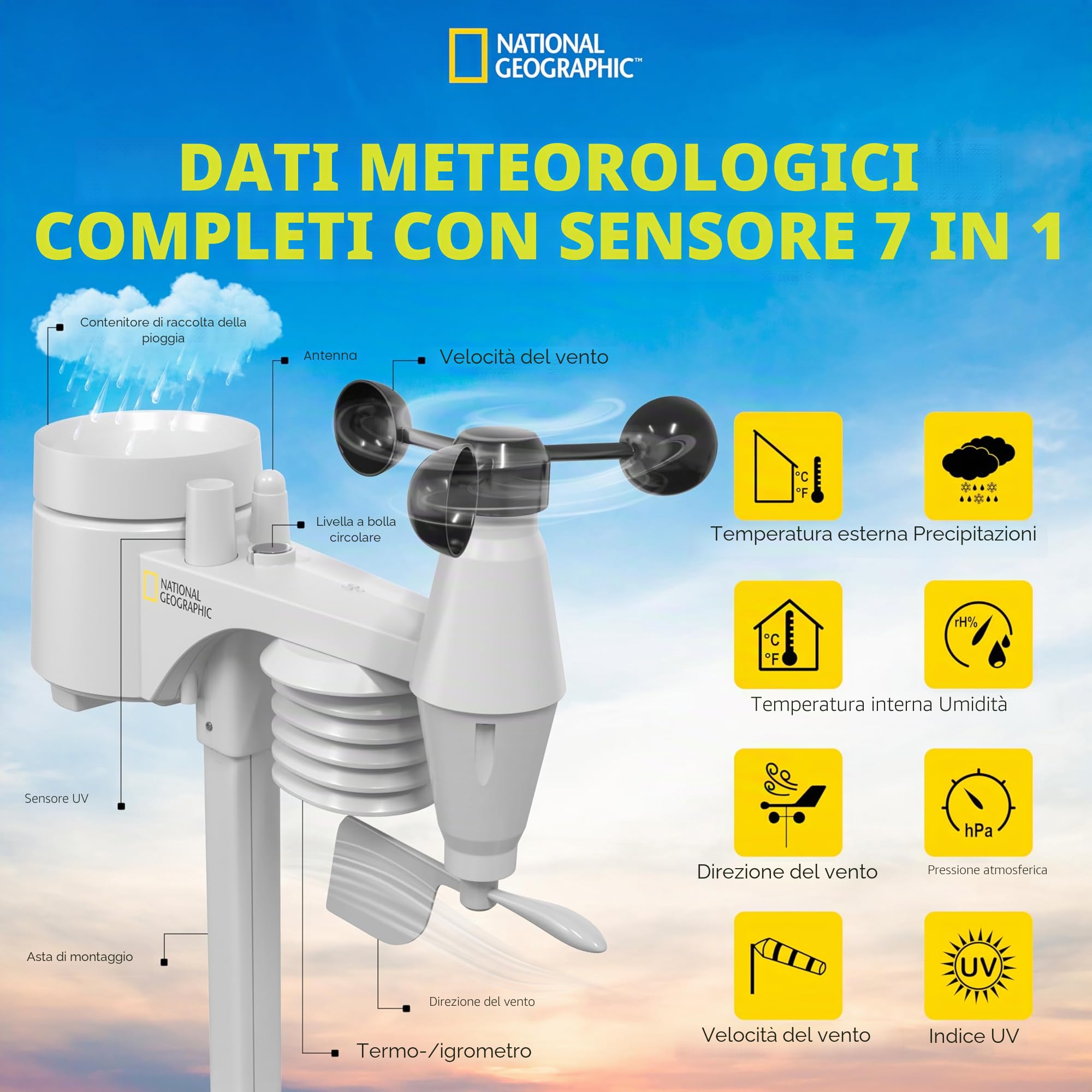 National Geographic Stazione meteo wireless con sensore da esterno WLAN, centralina meteo a colori con sensore 7 in 1 per vento, umidità, temperatura, precipitazioni, livello UV e intensità della luce
