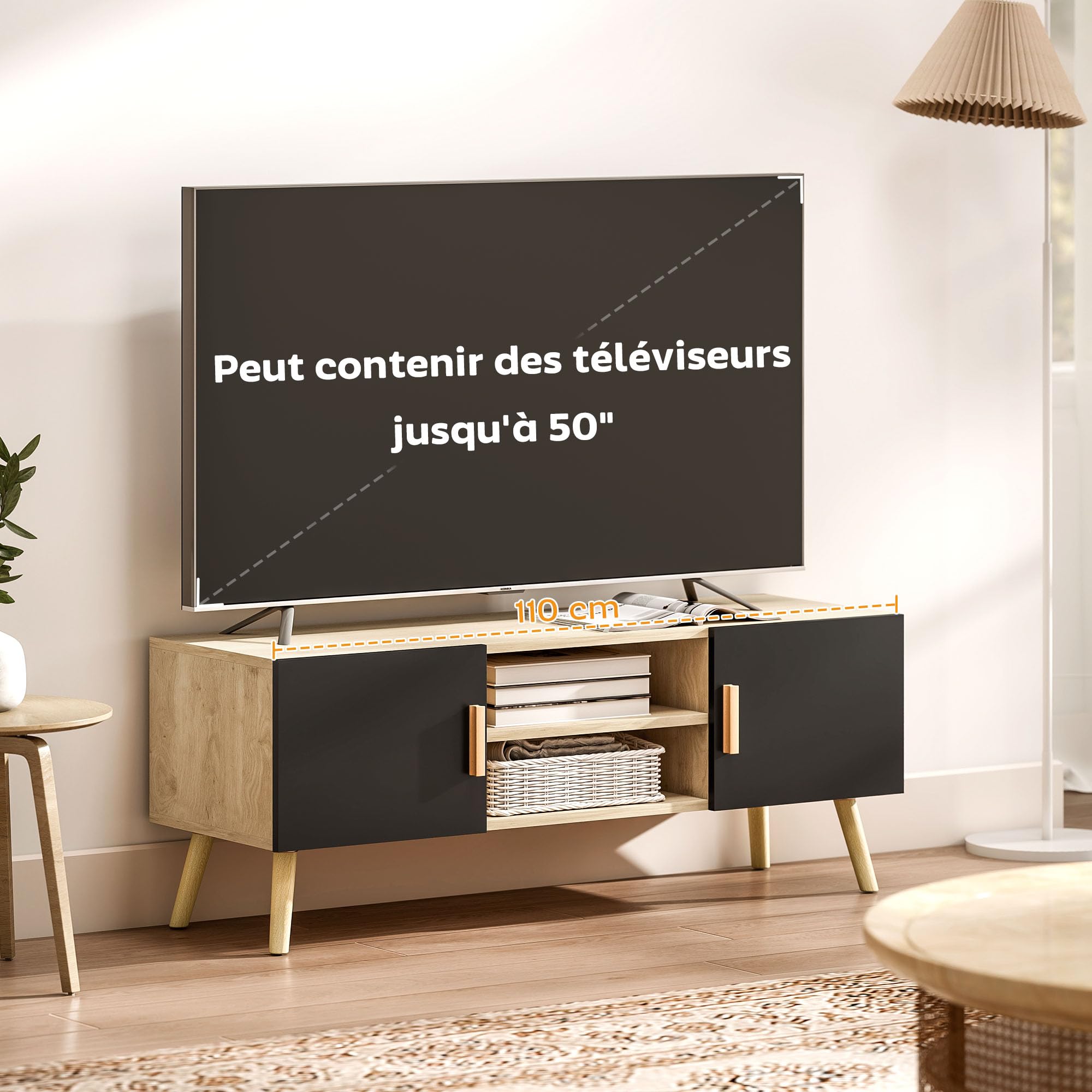 HOMCOM Meuble TV Meuble télé Bois Banc TV jusqu'à 50 Pouces avec étagères, 2 placards et Passe-câbles pour Salon, Chambre à Coucher, 110 x 36,2 x 42 cm, chêne et Noir
