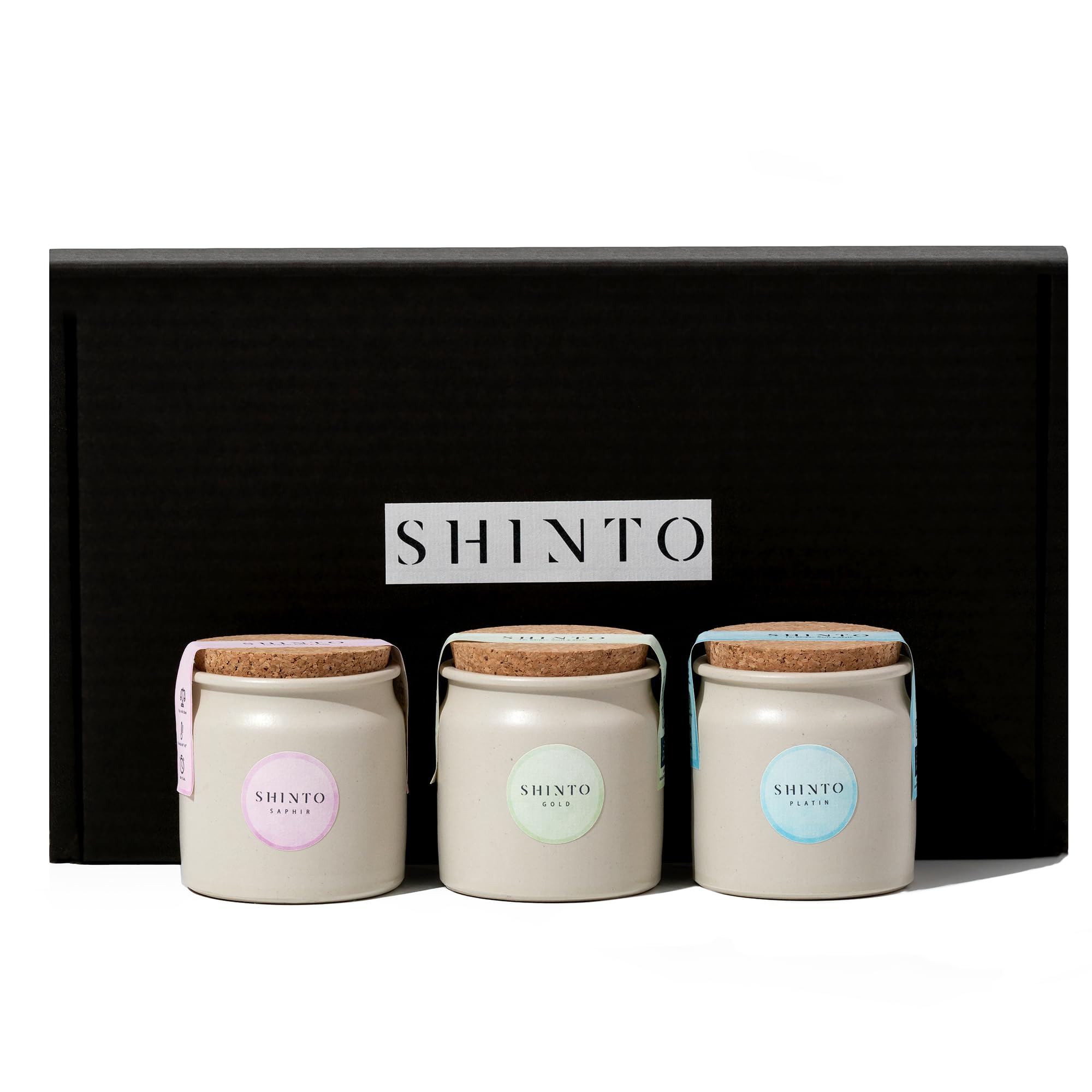 Matcha Tee Probierset von Shinto - JAS & EU BIO zertifiziert - Grün- & Schwarz-Tee Matcha Auslese - 3x30g in wiederverwendbaren Tongefäßen - Direktimport aus Uji Japan