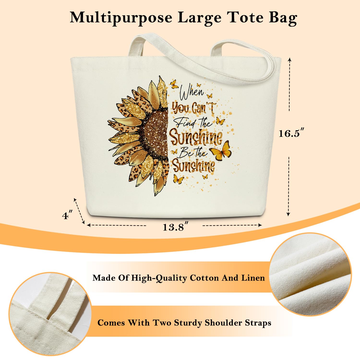 Bolsas de lona motivacionales para mujer, When You Can't Find The Sunshine Be The Sunshine, regalos inspiradores de girasol para cumpleaños, vacaciones, bolsa de lona personalizada para el hombro,