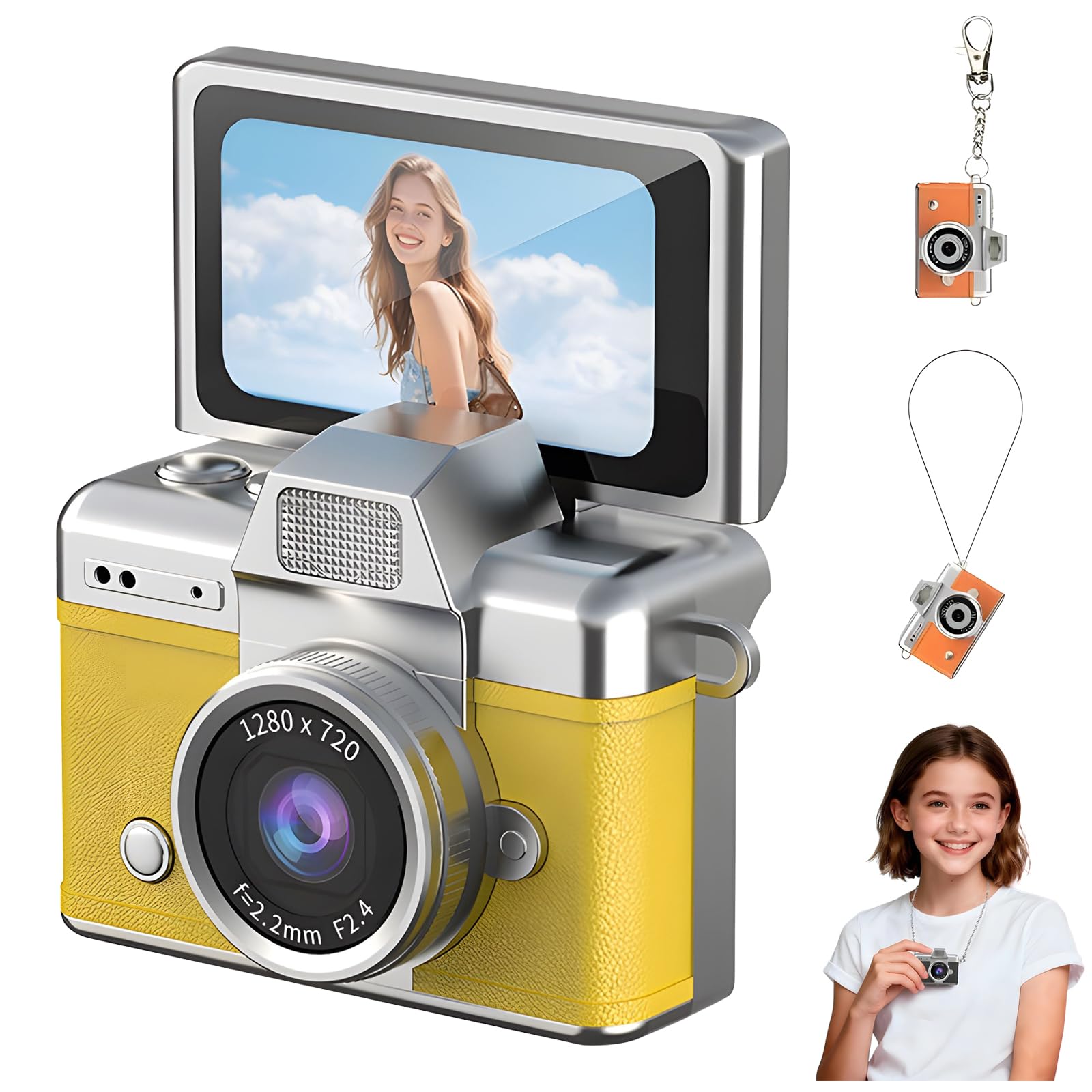 Kids Digital Camera, Mini Digital Camera with 1.47 in LCD Screen, 1080P HD Video Mini Retro Camera with Built-in Flash, 64GB Memory, Wide Angle Lens, Portable Keychain Camera for Travel (Yellow)