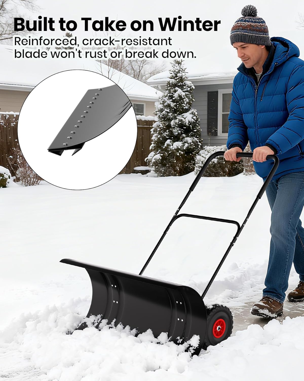 Heavy Duty 29-Inch Snow Shovel with Wheels, Adjustable Steel Blade & Height Handle – Ergonomic Snow Pusher for Driveway, Sidewalk & Yard – Large Double-Bar, Black Handle & Shovel, Red Wheels