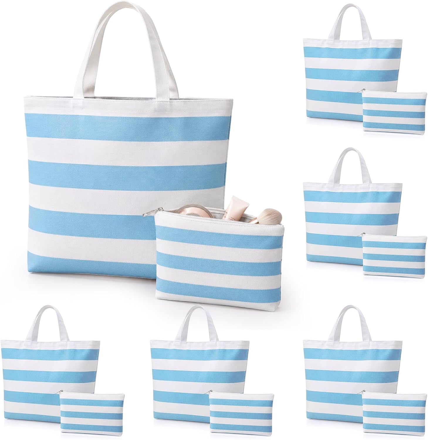 12 Pcs Stripe Canvas Tote Bags Reusable Canvas Grocery Tote Bag | 18.5 x 15 Inch, 9.1 x 6.7 Inch Large Blue Bachelorette Tote Bags Set Beach Themed Gifts or Women Travel Beach Holiday
