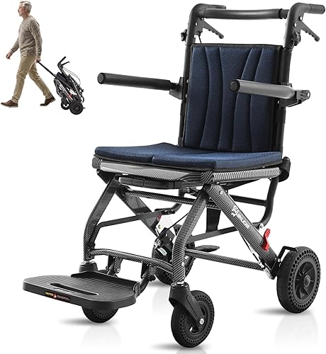 Miniatura 11 de Sillas de ruedas para adultos, silla de transporte ligera plegable con mango telescópico, 17 pulgadas de ancho, compactas, portátiles, plegables,