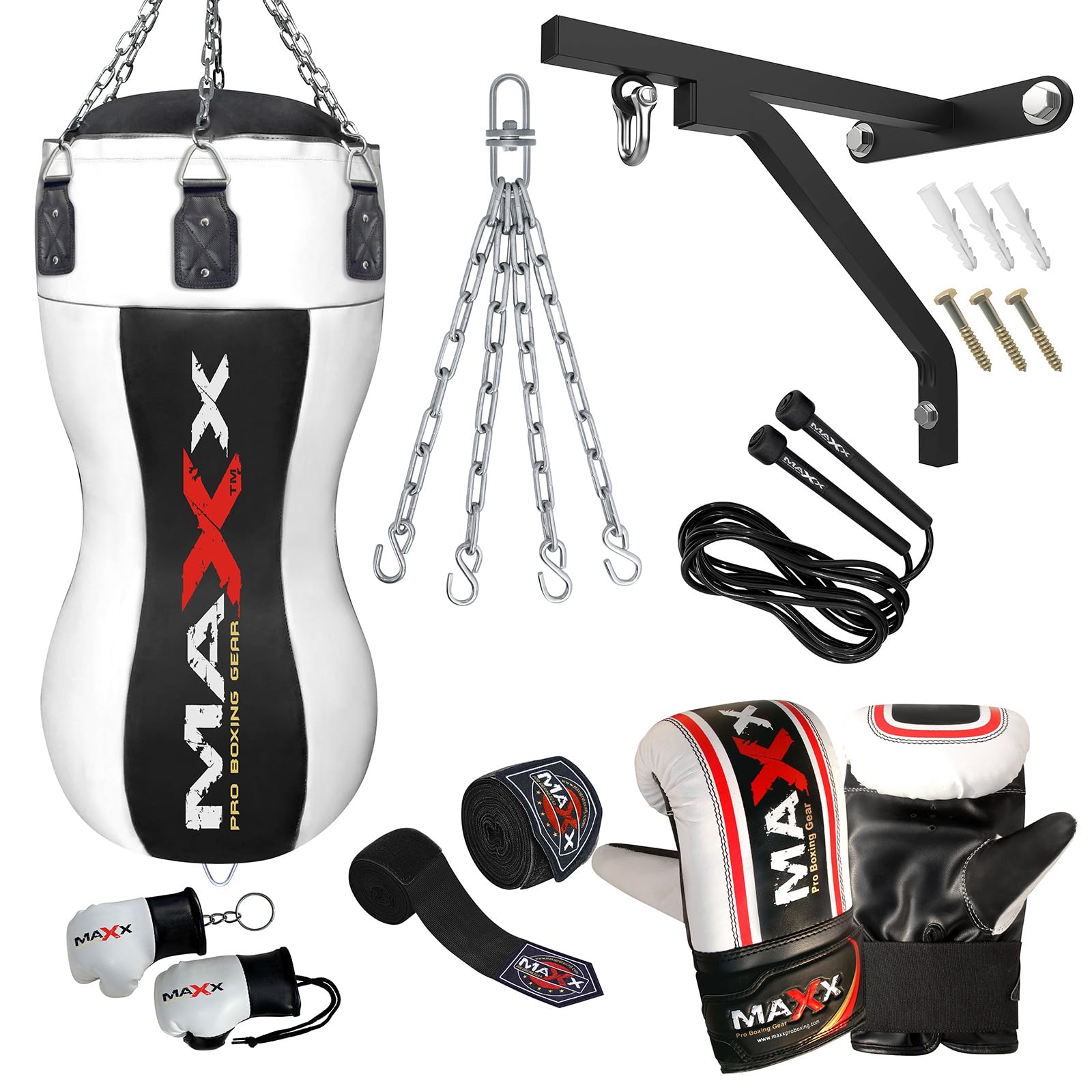 Maxx Black/White Heavy Duty Punch Bags - Uppercut, Triple, Angle, Wrecking & More (BODY BAG, BAG +10PCS SET BRACKET)