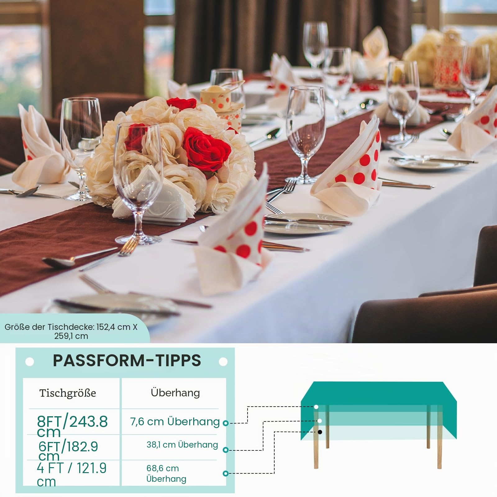 EMART Tischdecke Weiß 6 Pack, 152 x 260cm Rechteckig Tischtuch Tablecloth | 100% Polyester, Verdickt, Washable, Wedding, Party, Banquet, Hochzeit, Decoration