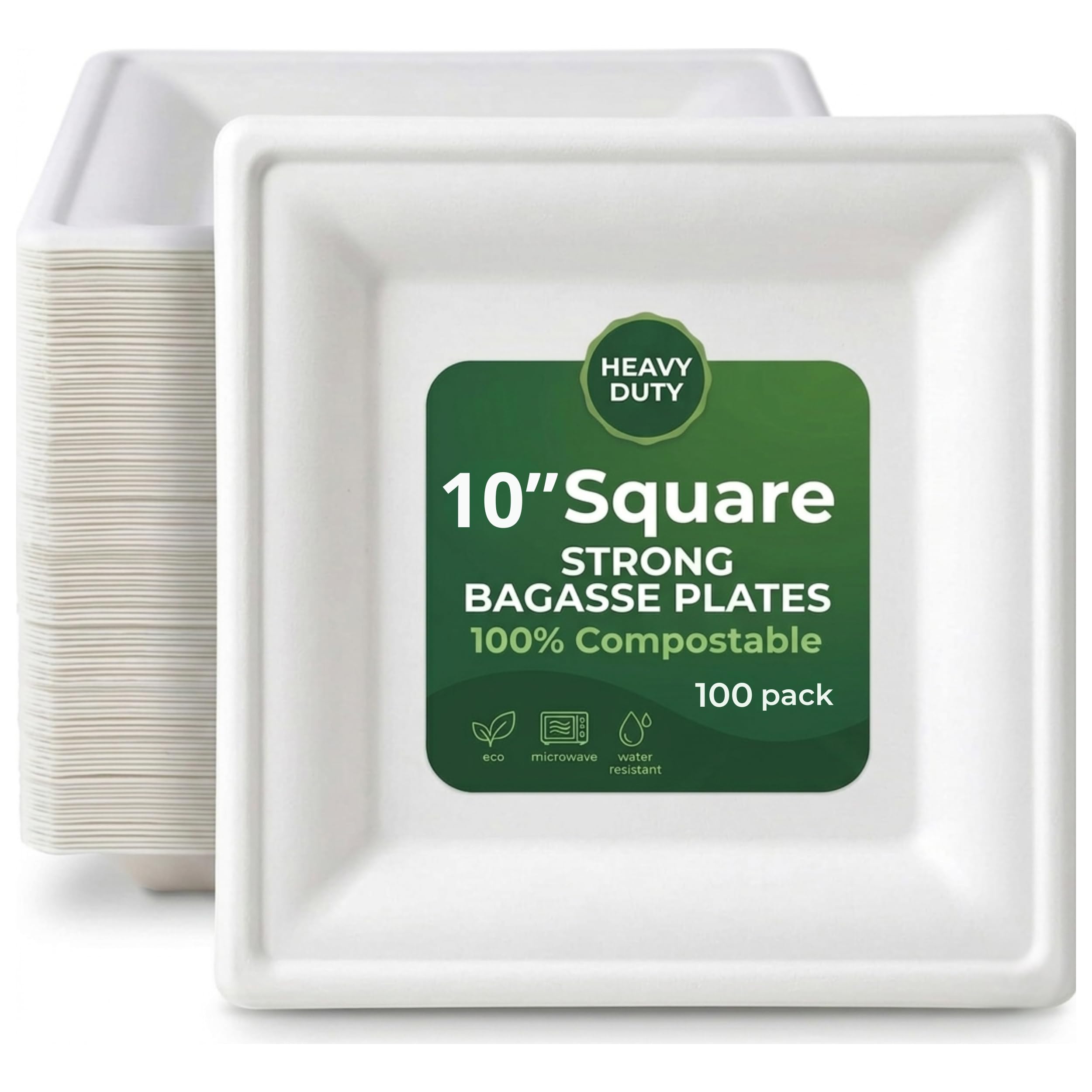 Ask Packaging Strong Paper Plates (10 Inch - 100 Pack) Compostable Disposable Square Bagasse Plates - Heavy Duty Eco-Friendly Biodegradable Sugarcane Plate for Parties – Microwave & Freezer Safe