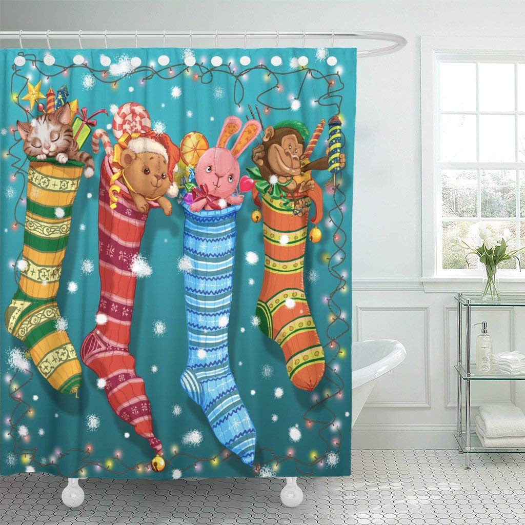 Oso Rojo Calcetines navideños y Guirnalda de Juguete Cortina de Ducha de Conejo de algodón Tejido de poliéster con Gancho 180x200CM A