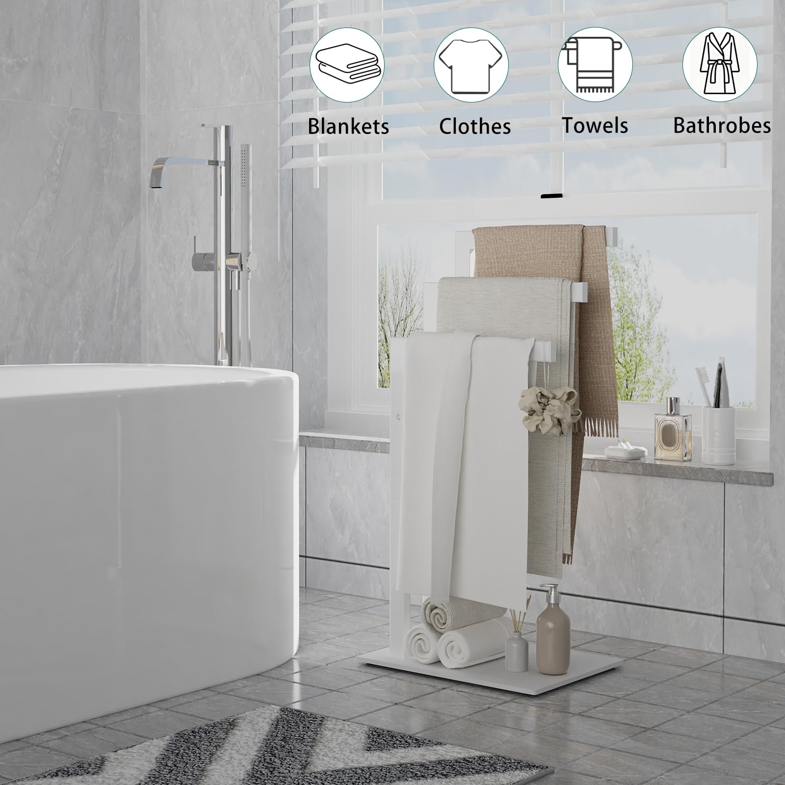 OUTBROS Porte Serviette sur Pied, Porte Serviettes Debout en Métal avec 3 Barres, Utilisé pour Les Salles de Bains, Les Chambres, Facile à Installer, Stable,40x30x80cm,Blanc