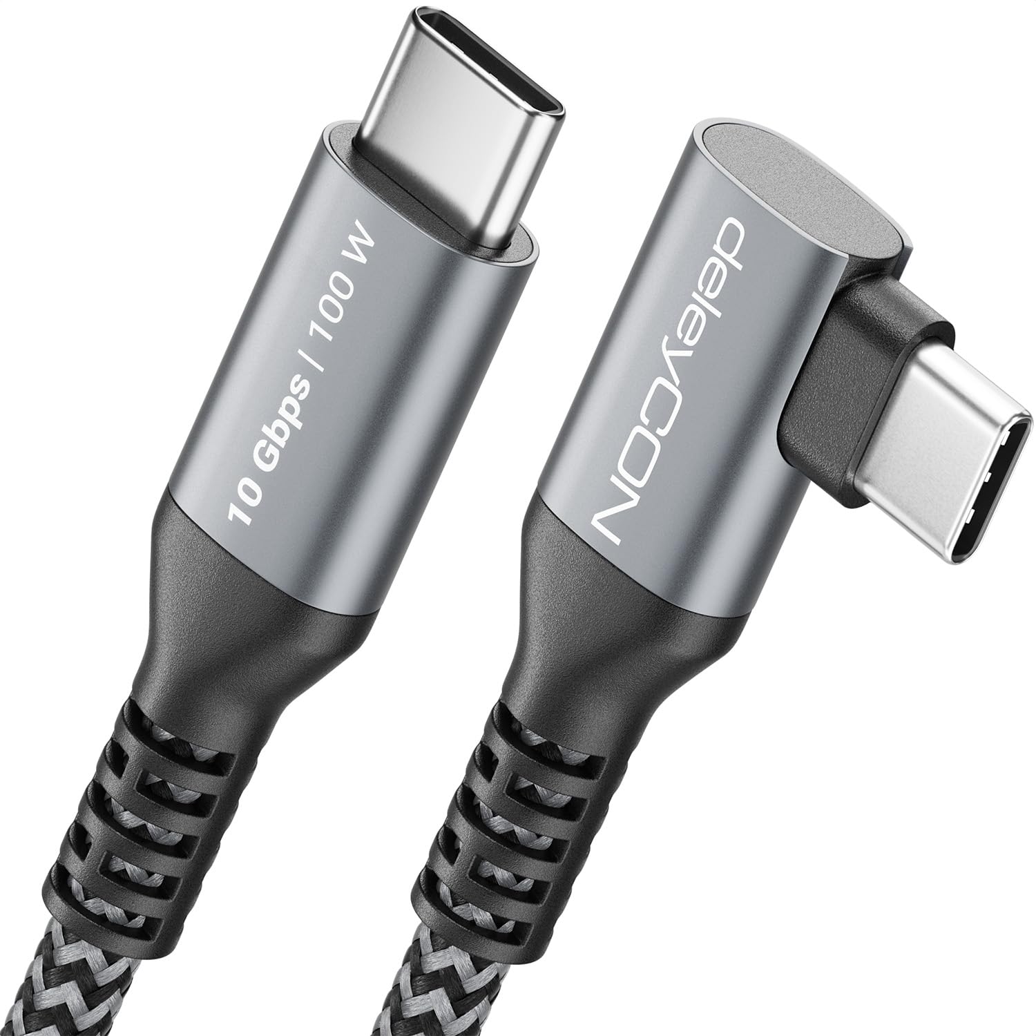 deleyCON 3.0 m 100 W 10 Gbps USB-C Cable Angle 90 Degree (USB 3.2 Gen2) PD 3.0 Charging Data Cable 4K @ 60Hz for iPhone 17 16 15 Galaxy A16 A26 A56 S26 S25 S24 iPad SSD HDD MacBook PS5