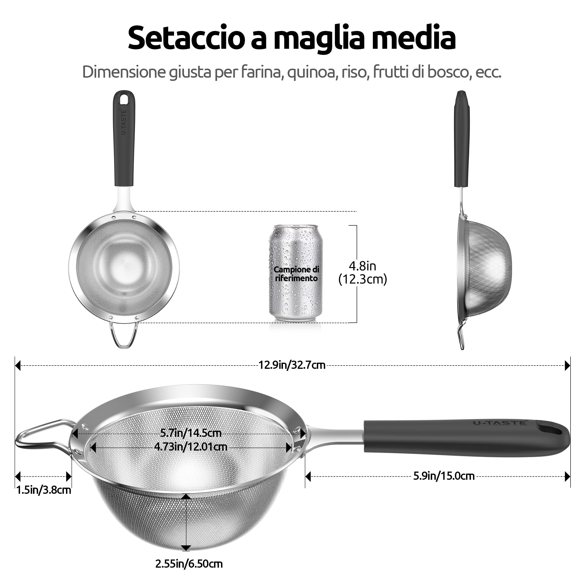 U-Taste Setaccio a Maglia Fine: Colino da Cucina in Acciaio Inossidabile 18/8 da 12 cm con Manico in Silicone Robusto Rivettato per Setacciare la Farina, Filtrare il Tè Riso Quinoa (Nero)