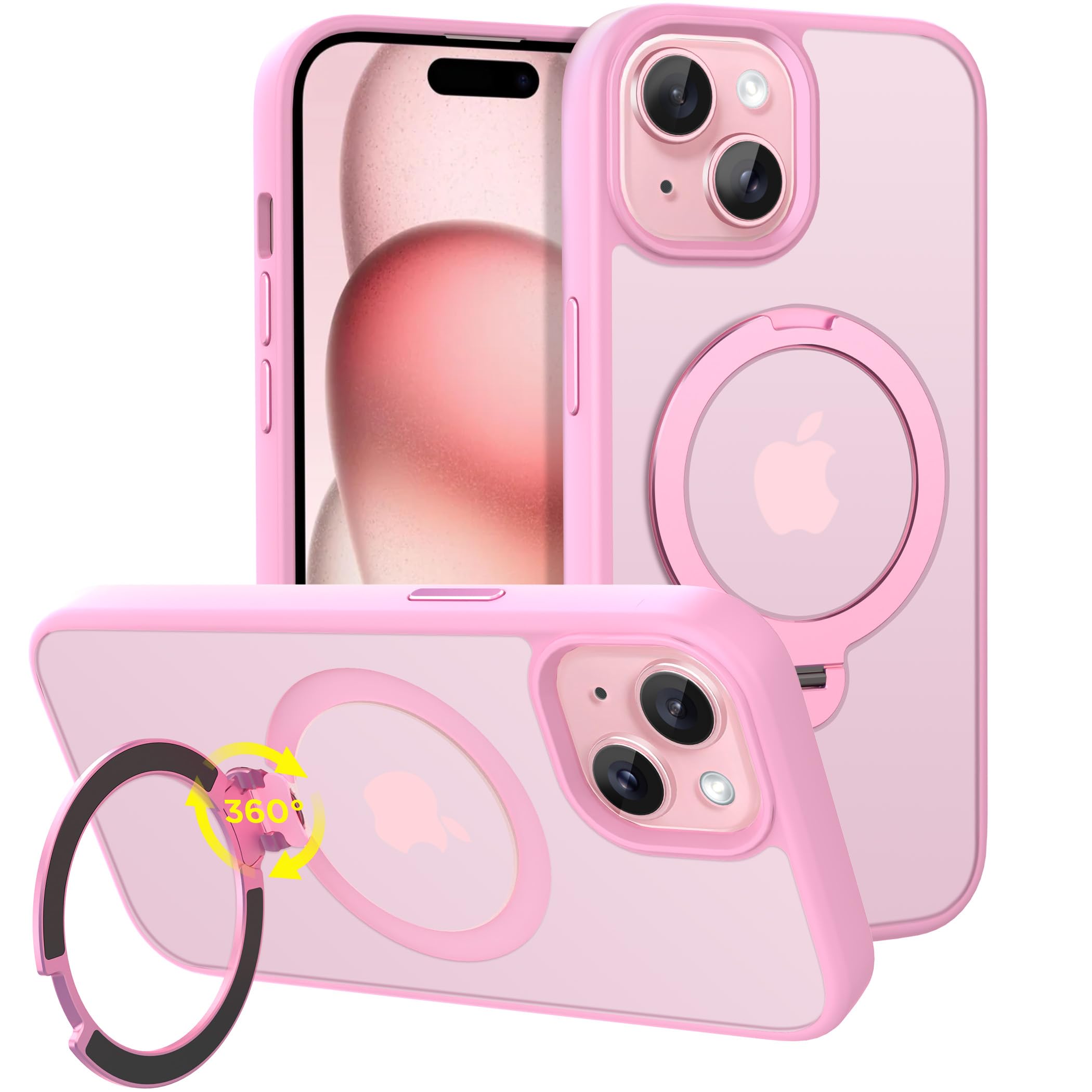 CACOE Magnetic Case for iPhone 15 with Stand, Compatible with MagSafe Pink | 360 Rotatable Ring Stand, Compatible with MagSafe, Car Phone Mount, Phone