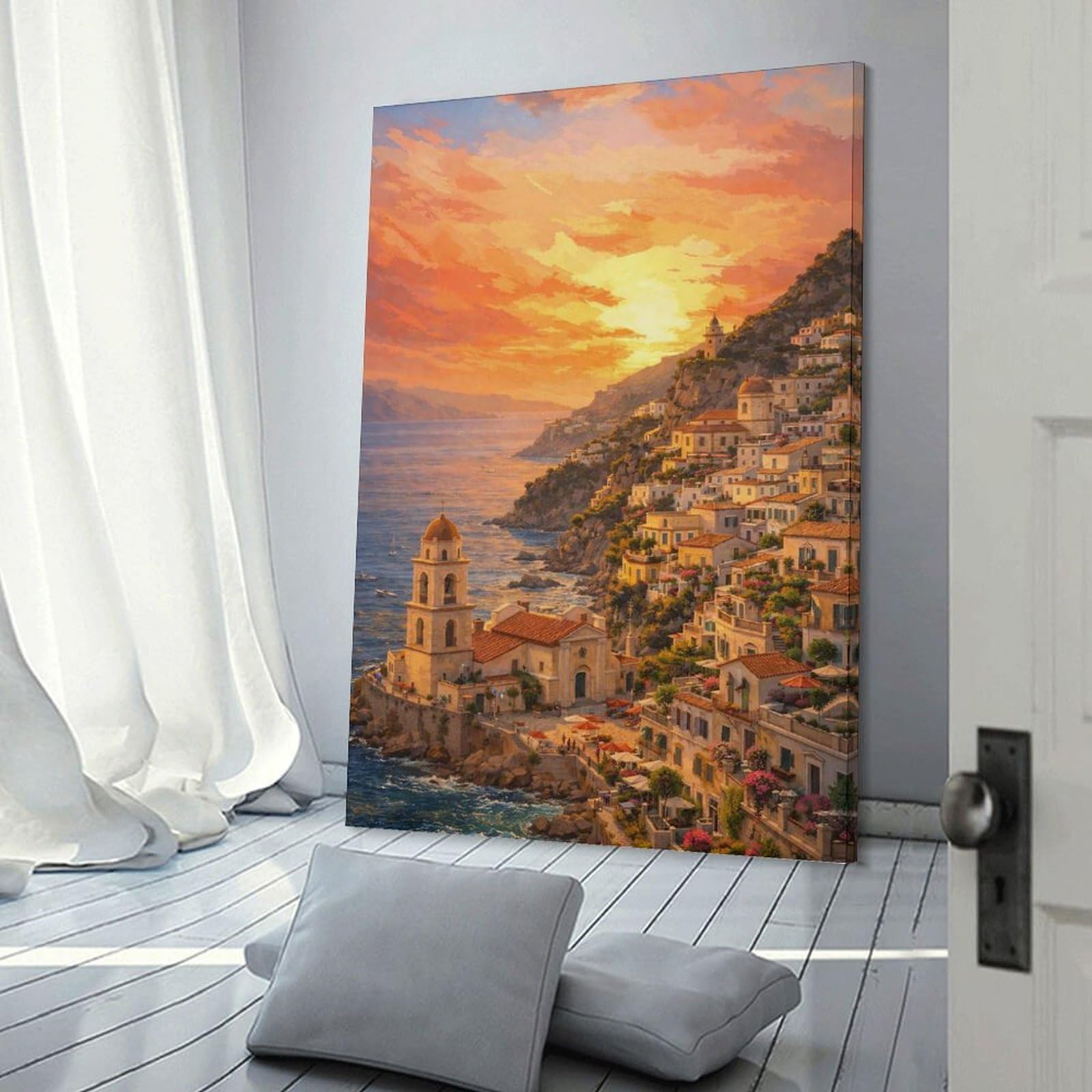 Junmoney Amalfi Coast at Sunset Wall Art Print, 24x36inch(60x90cm), for Living Spaces, Bedrooms Or Relaxed Rooms, Decorative Artwork for Empty Walls