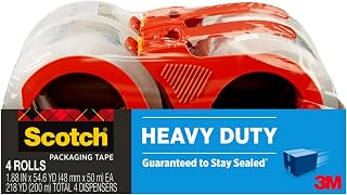 Scotch Heavy Duty Packing Tape 1.88" x 54.6 yd, 4 Rolls with Dispensers - Industrial Strength Seal for Shipping & Moving Boxes