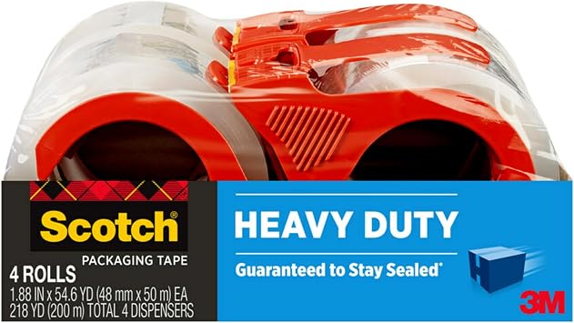 Scotch Heavy Duty Packaging Tape, 1.88" x 54.6 yd, Designed for Packing, Shipping and Mailing, Strong Seal on All Box Types, 3" Core, Clear, 4 Rolls (3850-4RD) - Best Deal Finder