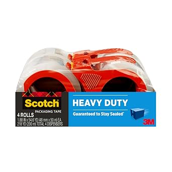 Scotch Heavy Duty Shipping Packing Tape, Clear, Shipping and Packaging Supplies, 1.88 in. x 54.6 yd., 4 Tape Rolls with 4 Dispensers