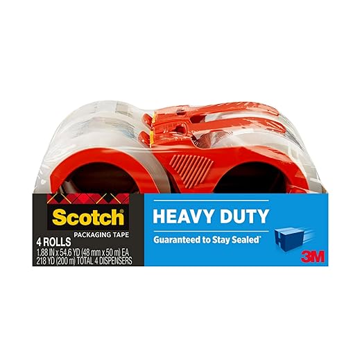 3M Scotch Heavy Duty Shipping Packaging Tape – 1.88 in x 54.6 yds, Clear – 4 Rolls with 2 Dispensers – Strong Seal for All Box Types