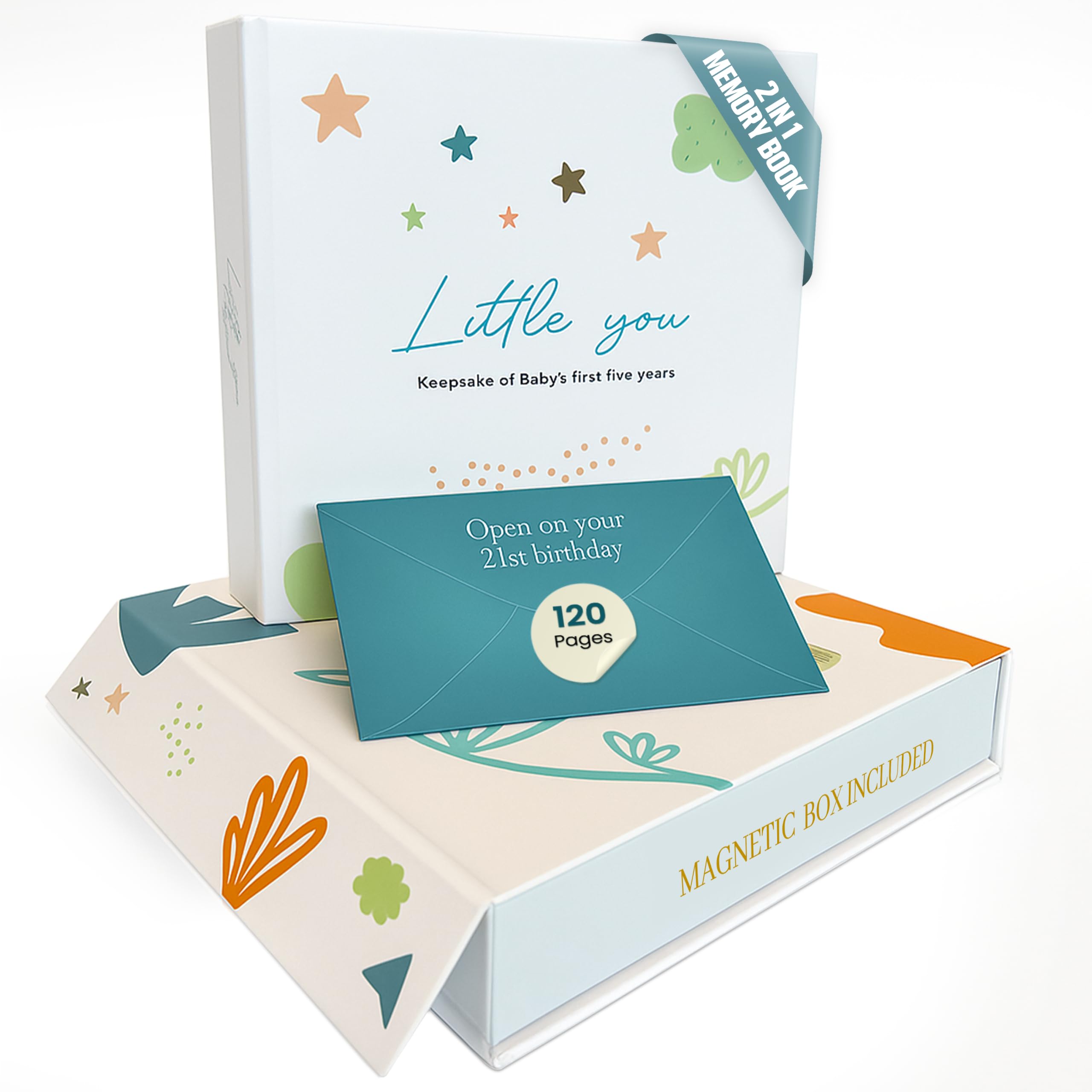 Babybücher Andenken - Schwangerschaftstagebuch und Erinnerungsbuch Scrapbook Album Neugeborene bis 5 Jahre - Fotobuch Taschen, Geschenkbox & Brief zum Öffnen bei 21 - Baby Geschenk für Jungen