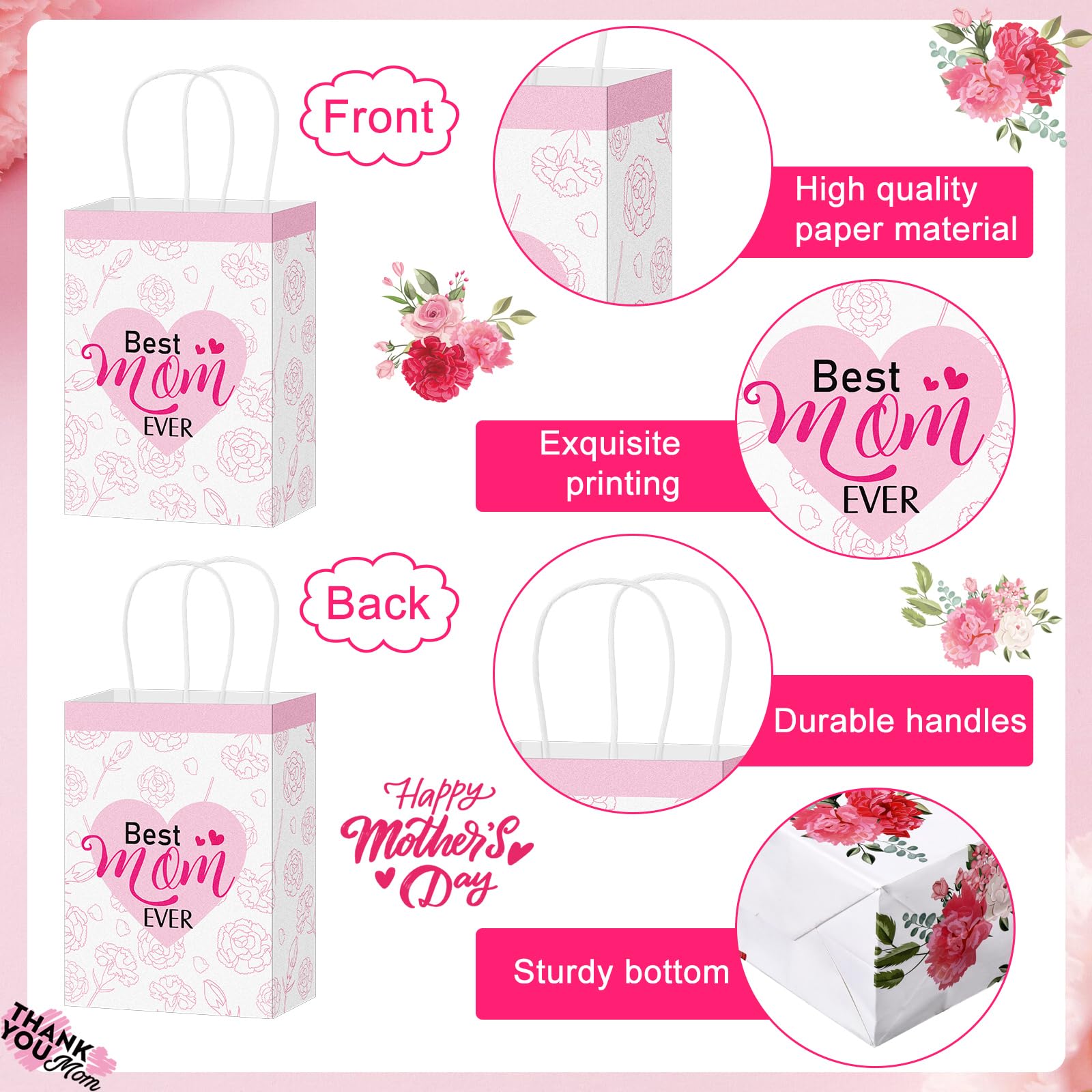 Fuutreo 30 Pcs Mother's Day Gift Bags With Handle Pink Carnation Happy Mother's Day Gift Paper Goody Treat Flower Floral Wrapping For Party Decor Supplies(Common