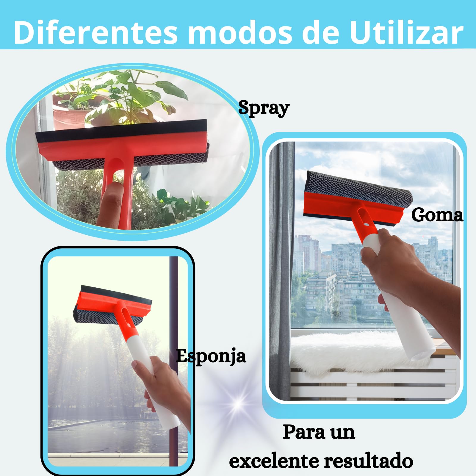 Limpia Cristales 3en1 rasqueta de Goma+Esponja limpiadora +depósito para Rellenar con líquido Limpiador. Limpiacristales Multiusos para el hogar, Coche u Oficina. (Naranja)