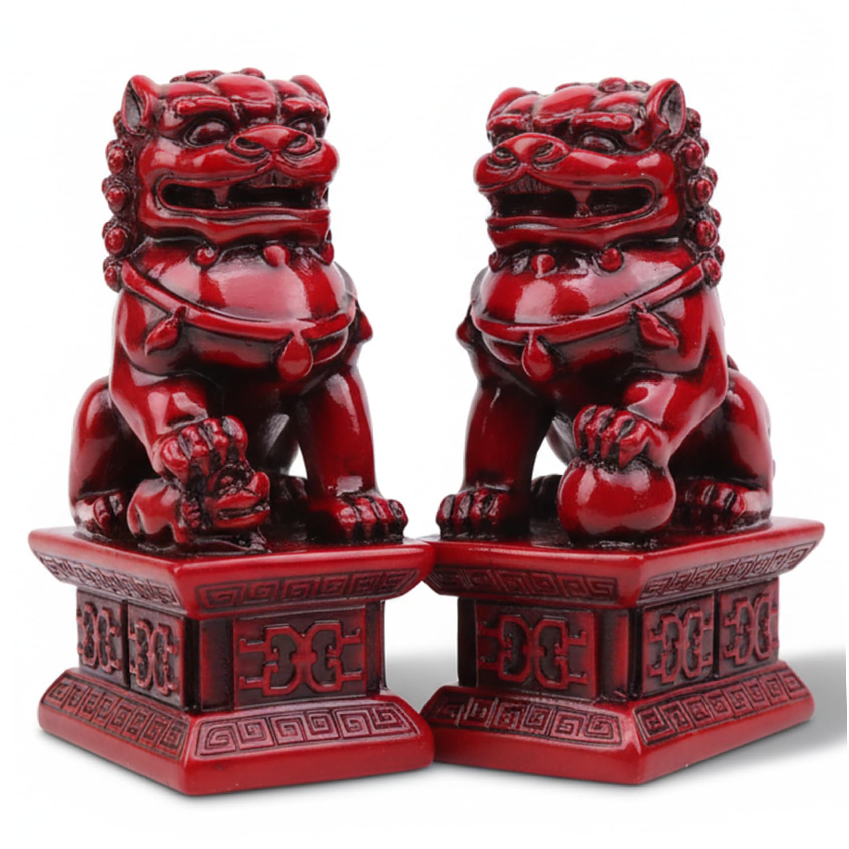 Uanqfegy Foo Dogs Statues - Wooden Guardian Chinese Decor Pair Red