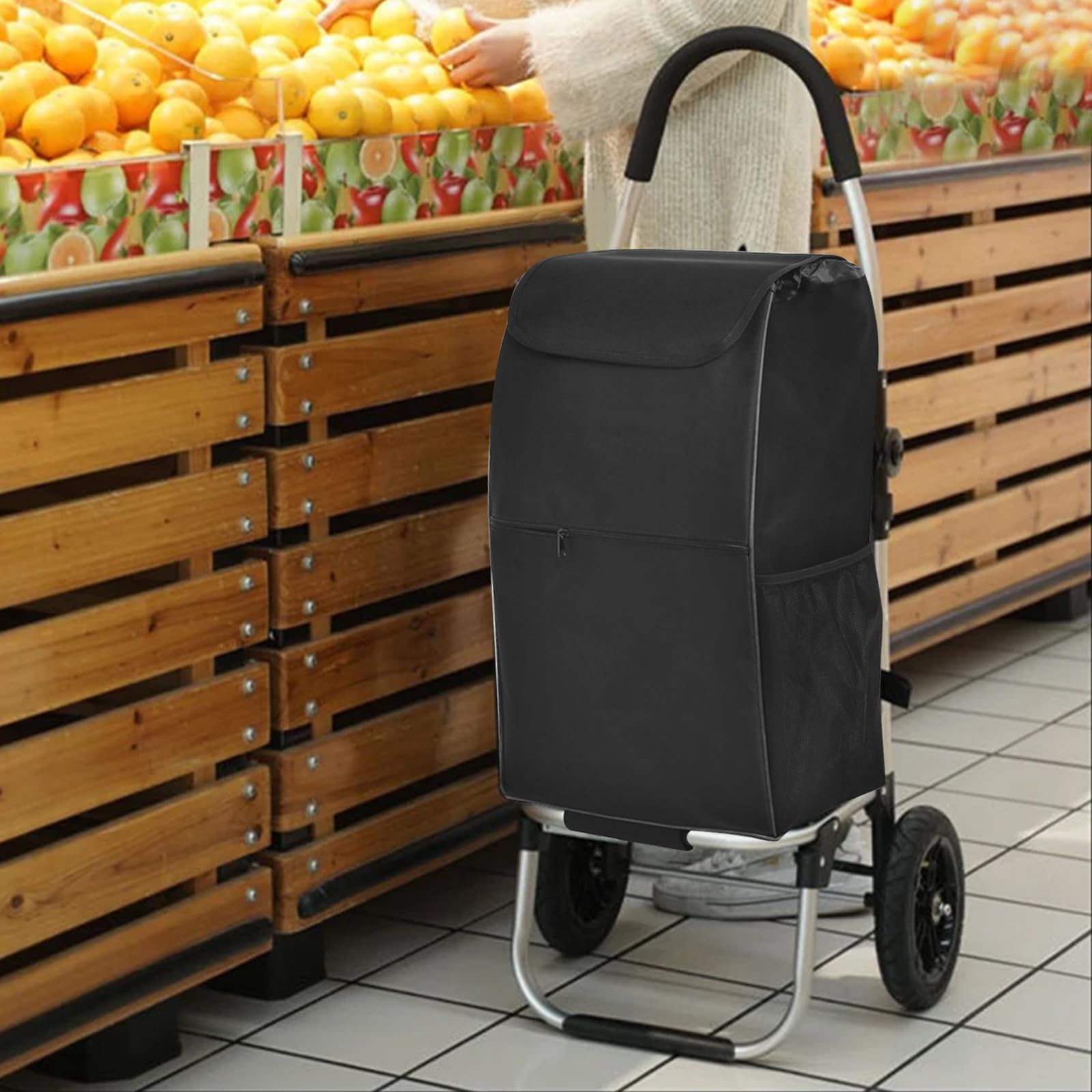 Organizador de carrito con forro impermeable duradero y bolsillos laterales de malla, bolsa de almacenamiento plegable para carritos de comestibles